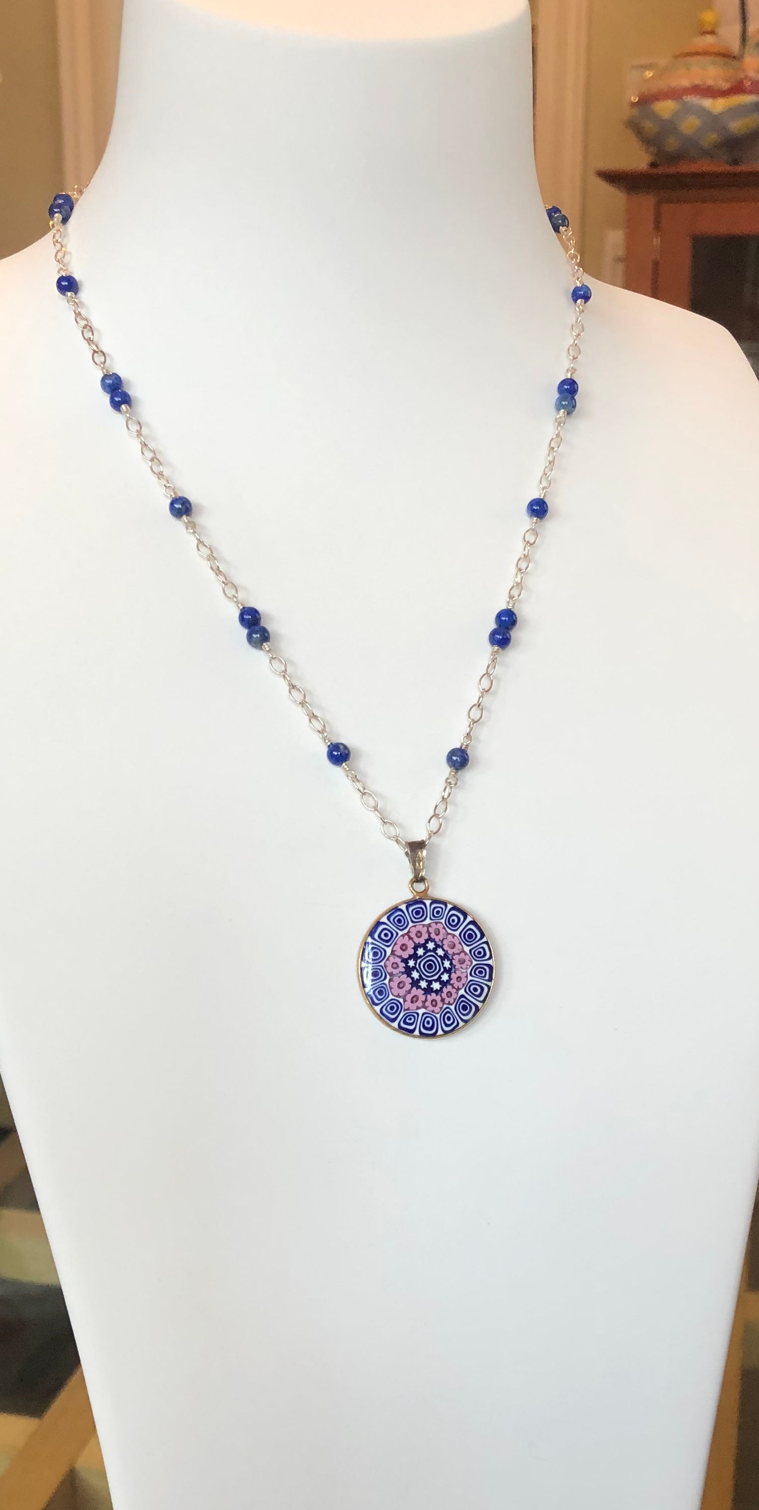 Vintage Glass Millefiori Pendant and Lapis Necklace in Sterling Silver