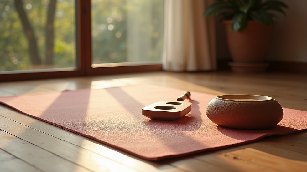 High angle view of a yoga mat with sound healing instruments nearby