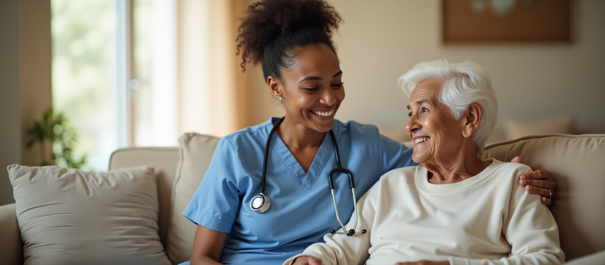 Nurse providing in-home wellness support and care coordination for an adult client