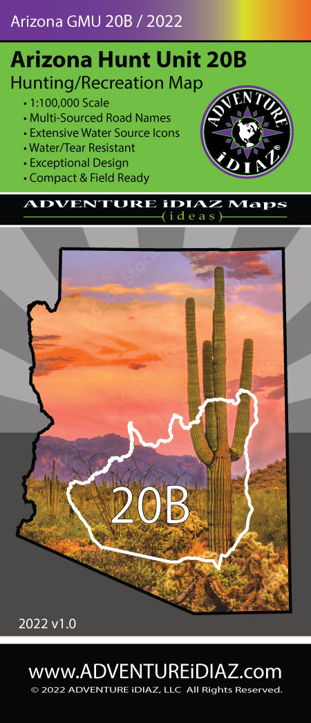 Arizona Hunt Unit 20B Map by ADVENTURE iDIAZ, featuring detailed roads, water sources, trails, and terrain in the Bradshaw Mountains and Lake Pleasant area. Durable, tear- and water-resistant 1:100k scale map for hunting, hiking, camping, and fishing.