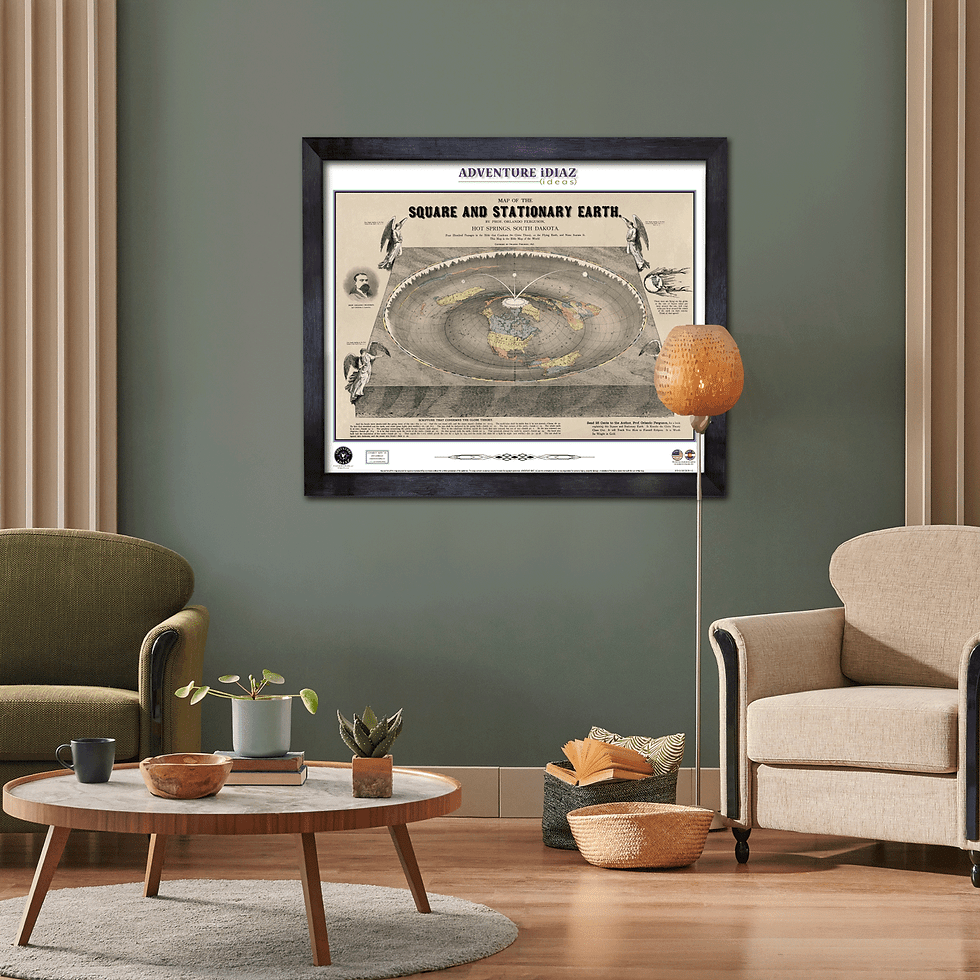 Framed map titled "Square and Stationary Earth" hangs on a green wall. Cozy room with two armchairs, a round coffee table, and a floor lamp.