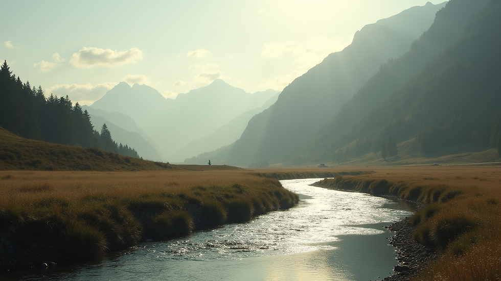 Eye-level view of a serene landscape with a winding river
