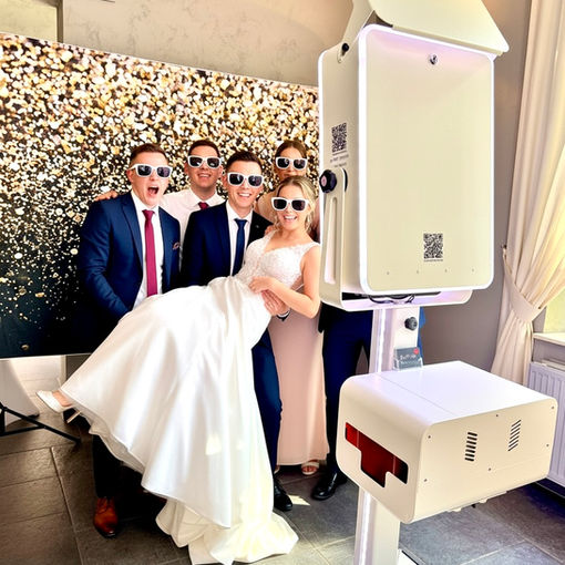 Des personnes dont une mariées s'amusant devant un photobooth