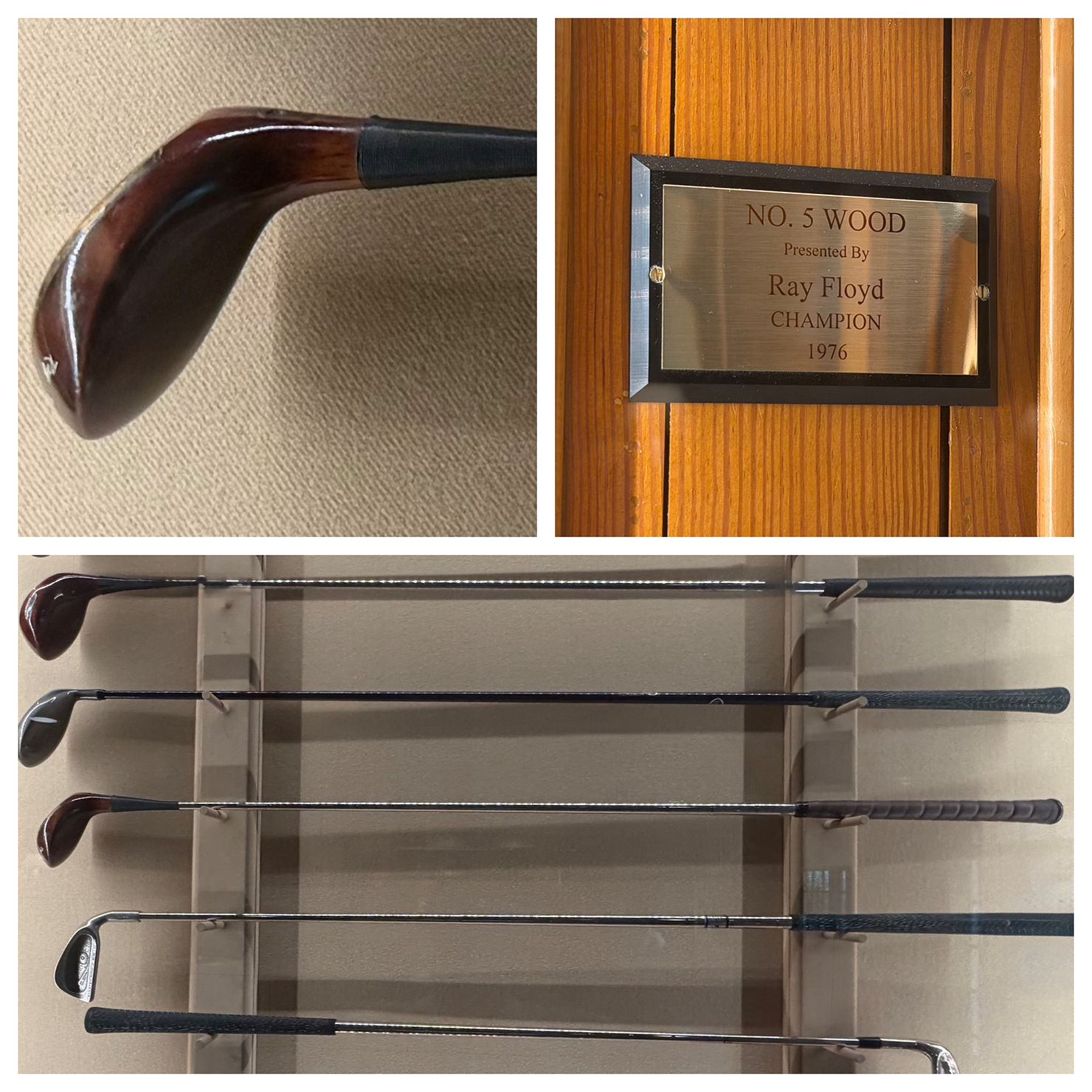 Raymond Floyd's 5-wood (third from top) on display in the clubhouse at Augusta National (Photo courtesy of Robert Floyd)