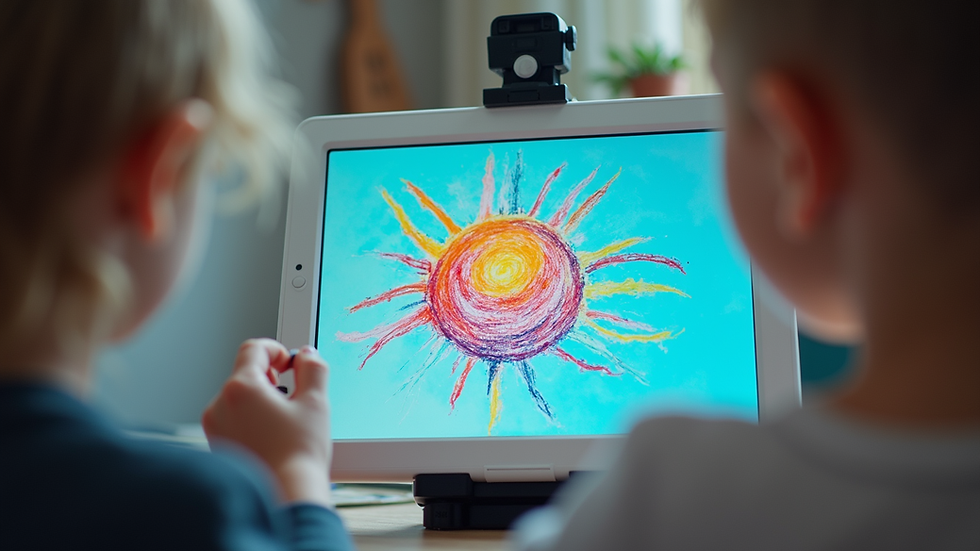 Eye-level view of a colourful child’s drawing displayed on a digital screen