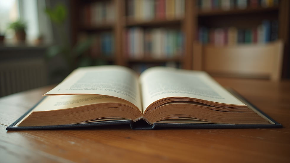 Eye-level view of a colorful storybook open on a wooden table