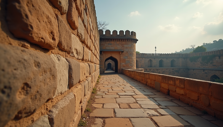 Eye-level view of an ancient fort wall with weathered stones symbolizing India's colonial past