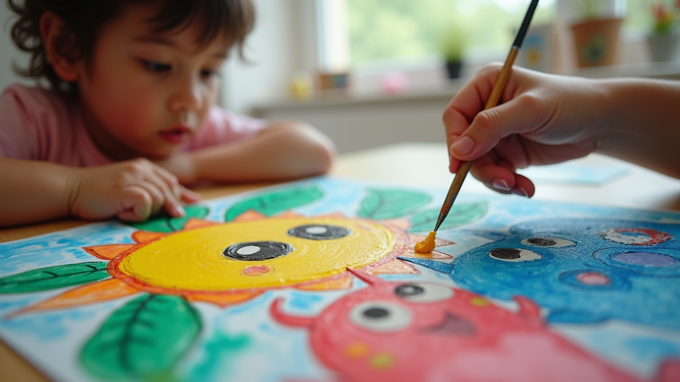 Close-up view of a colourful child’s painting with imaginative creatures