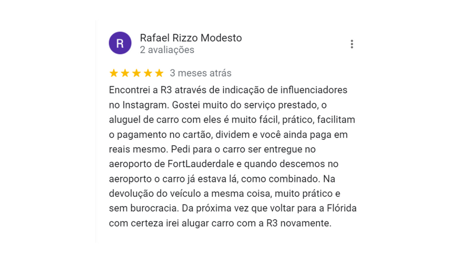 depoimento sobre o serviço da empresa r3 rental car