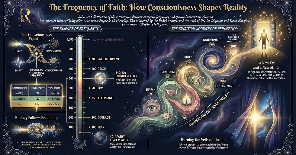 Radiance's illustration of the intersection between energetic frequency and spiritual perception, showing how elevated states of being allow us to access deeper levels of reality. This is inspired by “The Seven Valleys” from the Baha’i writings about the stages of spiritual growth and development, the work of Dr. Joe Dispenza, and David Hawkins's Map of Consciousness as referenced in his book, Power vs. Force.
