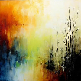 "Притяжение Света"-абстрактная картина с переходами от оранжевого и синего к светло-зеленому и белому с ветвями, из серии "Вселенная невидимым глазом".