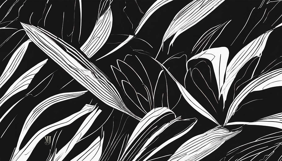 Картина «Абстрактные листья» с черно-белыми линиями, создающими эффект плавных движений листьев.