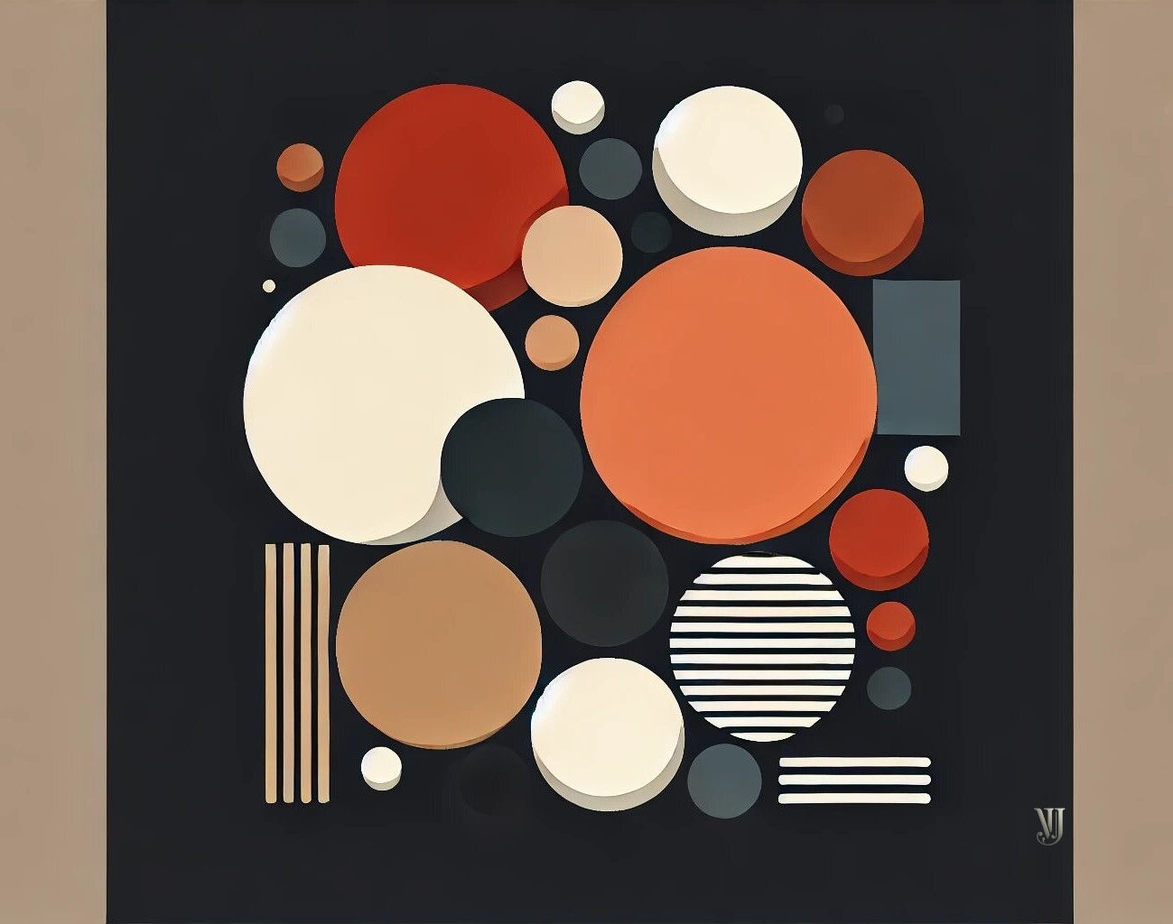 «Гармония Кругов» с различными круглыми фигурами в оттенках оранжевого, белого и черного цветов, создающими визуальный баланс
