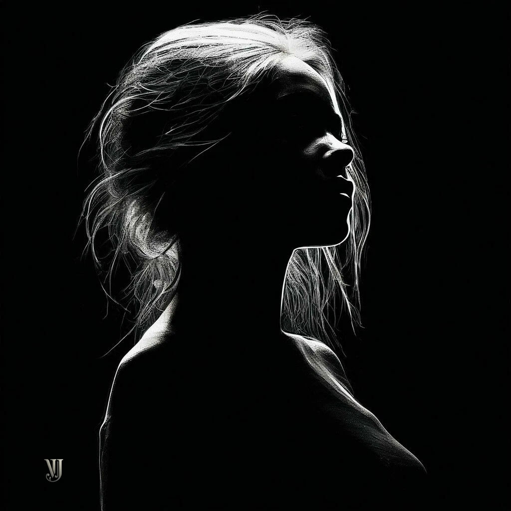 Картина «Тень и Свет» с изображением женского силуэта в контрастных тонах, освещенного мягким светом.