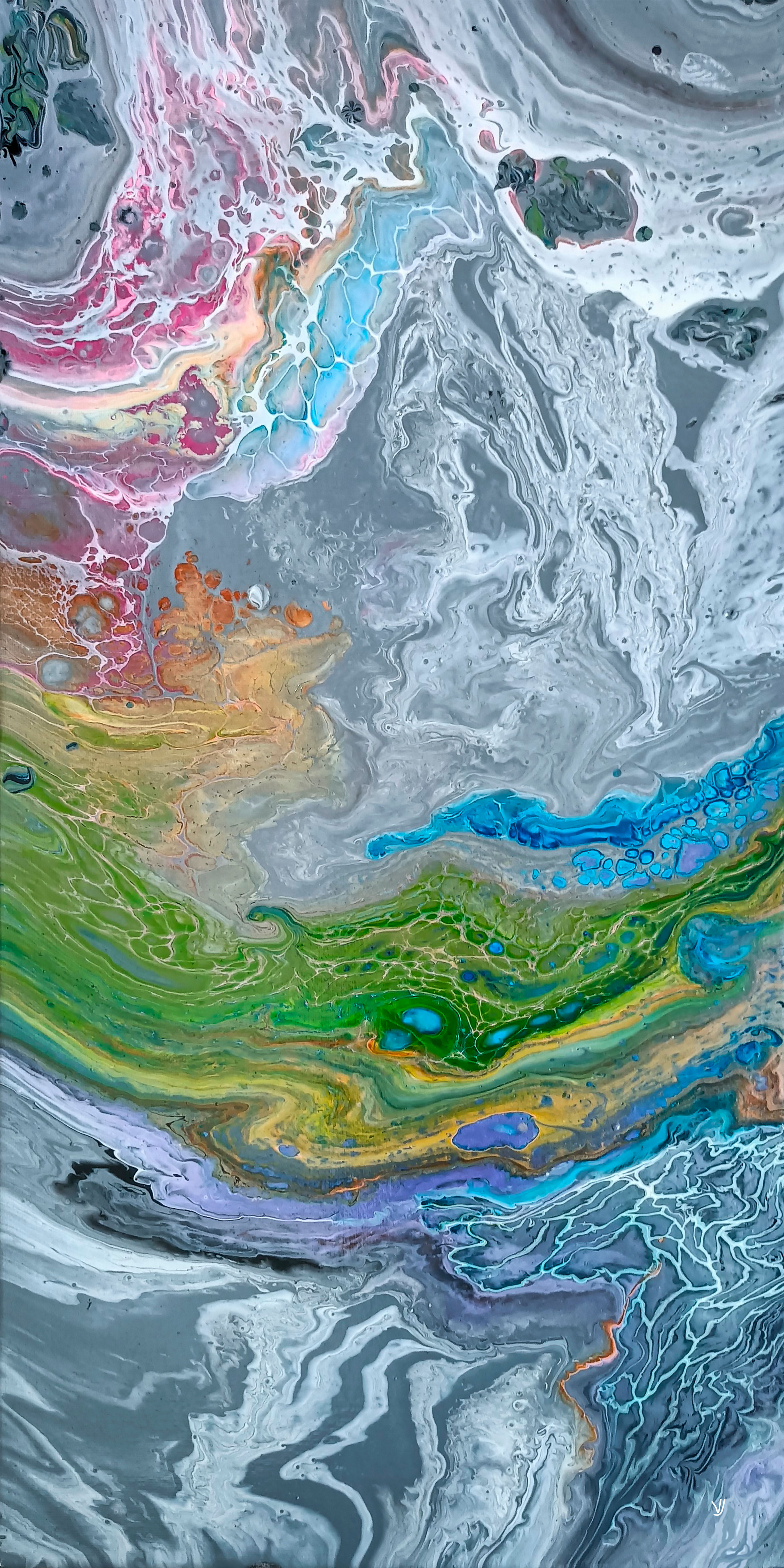 Абстрактная картина под названием 'Космическая Гармония', напоминающая вид далекой туманности.