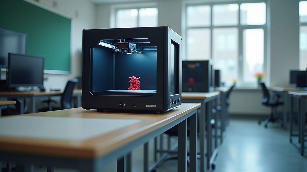 Eye-level view of a 3D printer in a classroom setting