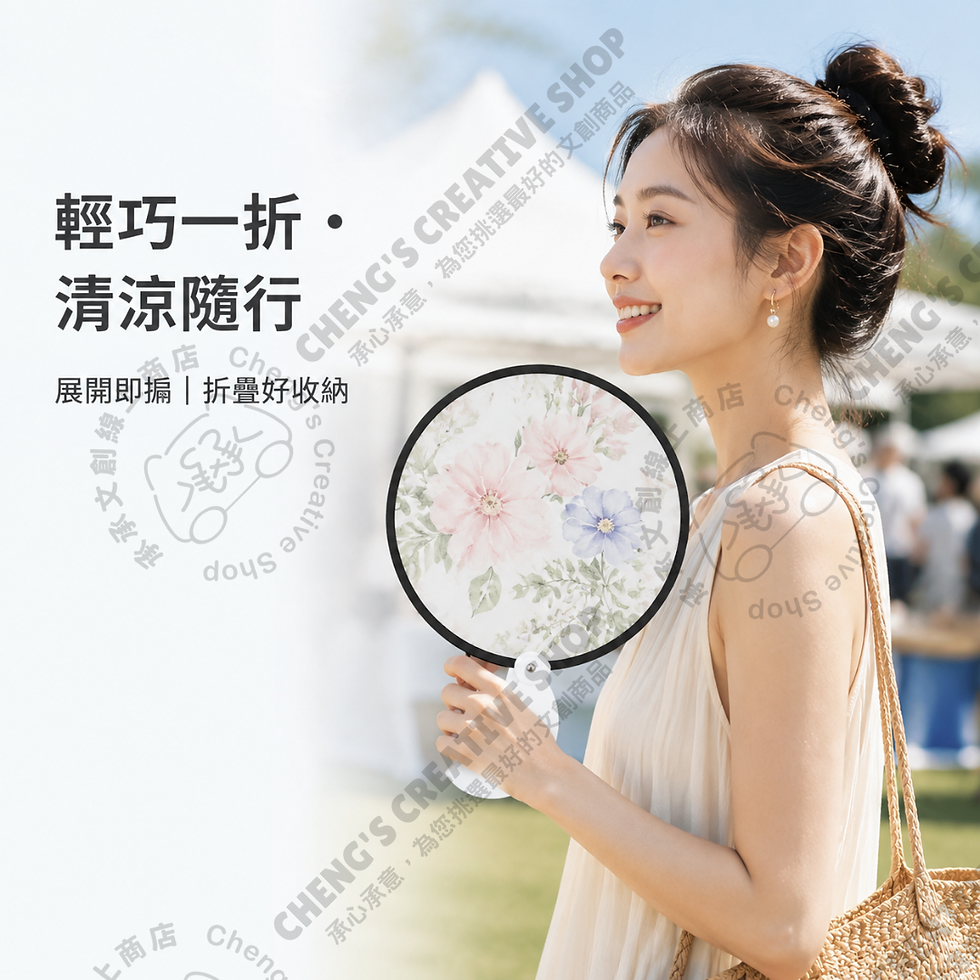 女性手持圓形折疊掌中扇室內消暑使用情境