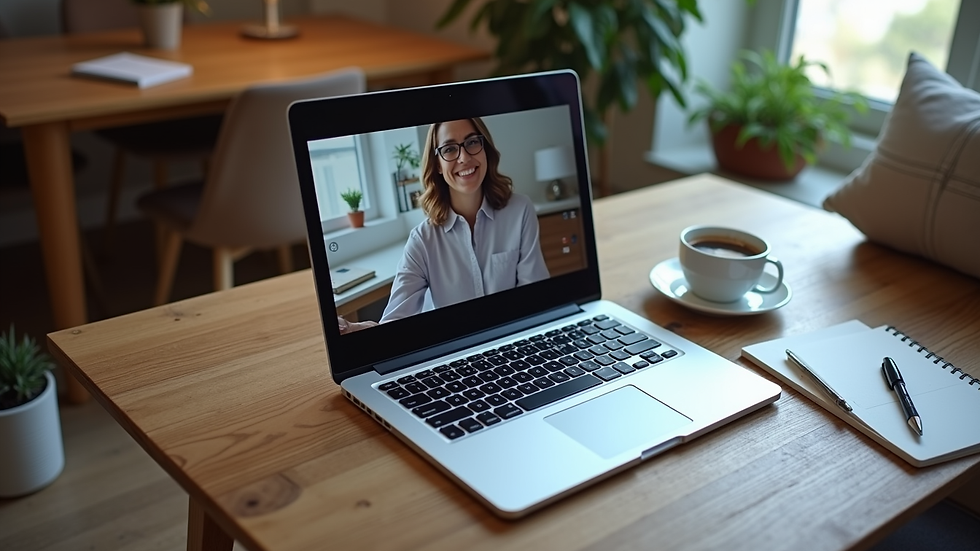 high angle view of a laptop with video conferencing and notes