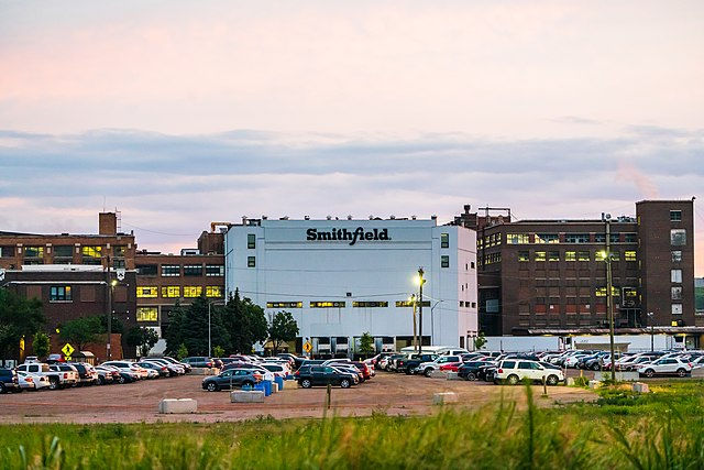 Exterior view of the Smithfield pork processing plant in downtown Sioux Falls near Falls Park.
