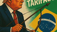 donald trump com bandeira do Brasil escrito TARIFAÇO com arco e flecha em suas mãos.