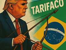 donald trump com bandeira do Brasil escrito TARIFAÇO com arco e flecha em suas mãos.