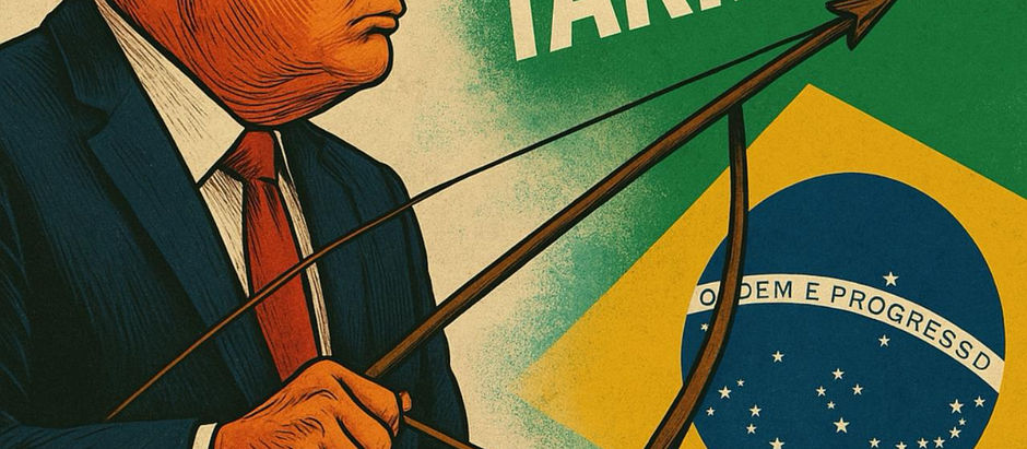 donald trump com bandeira do Brasil escrito TARIFAÇO com arco e flecha em suas mãos.
