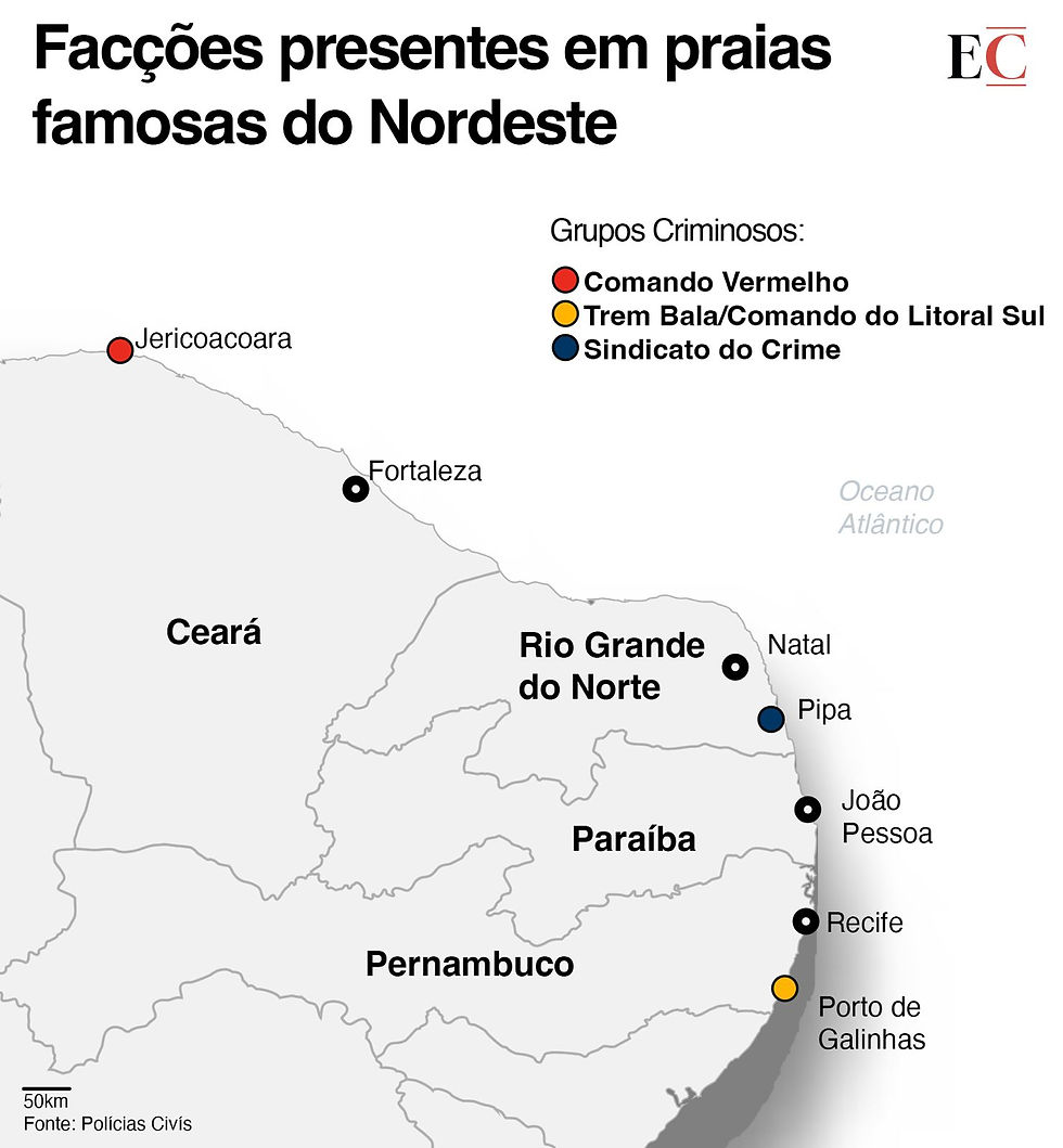Mapa apontando locais onde existe a presença das facções criminosas