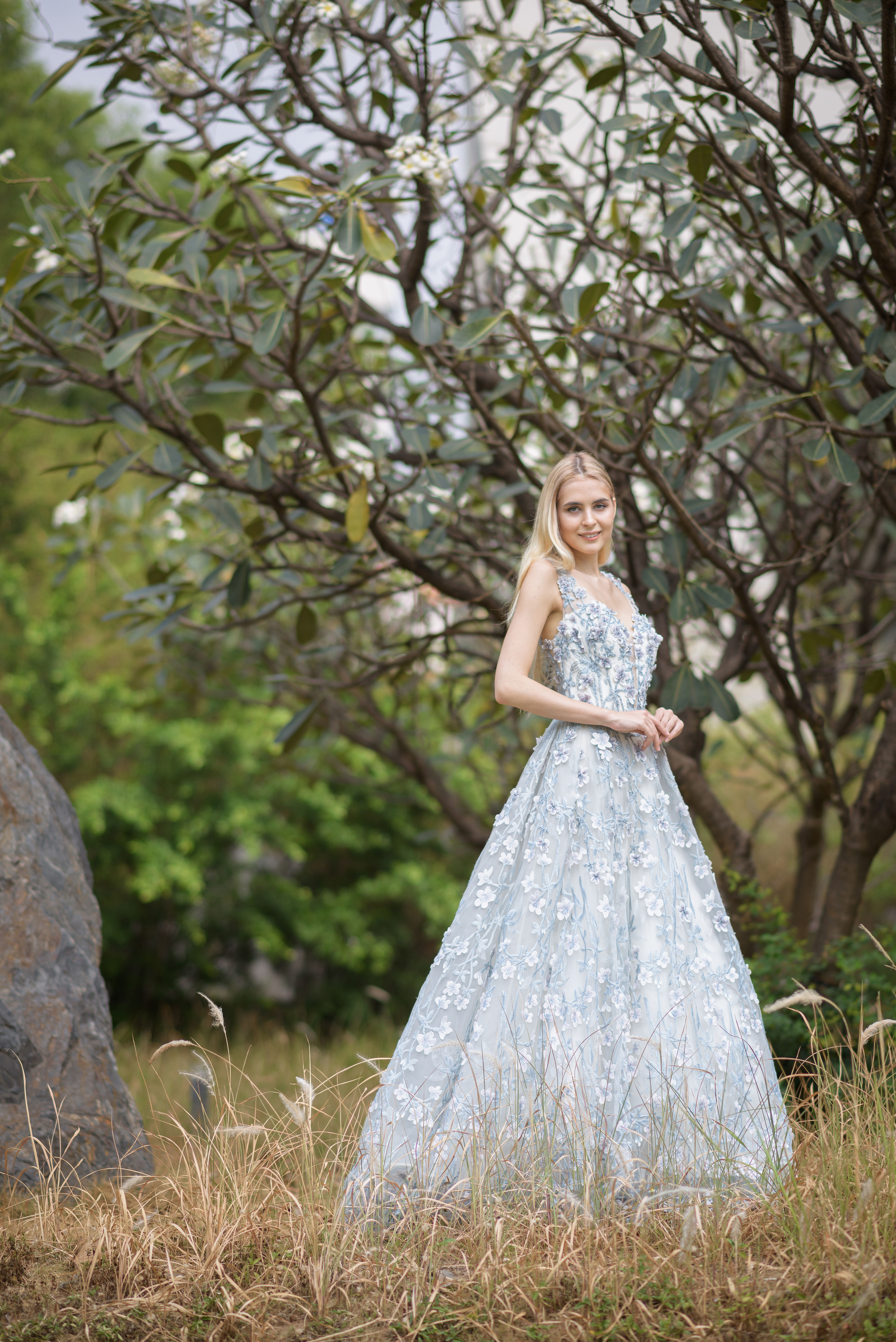 Blue Floral Appliqué Sleeveless V Neck Gown