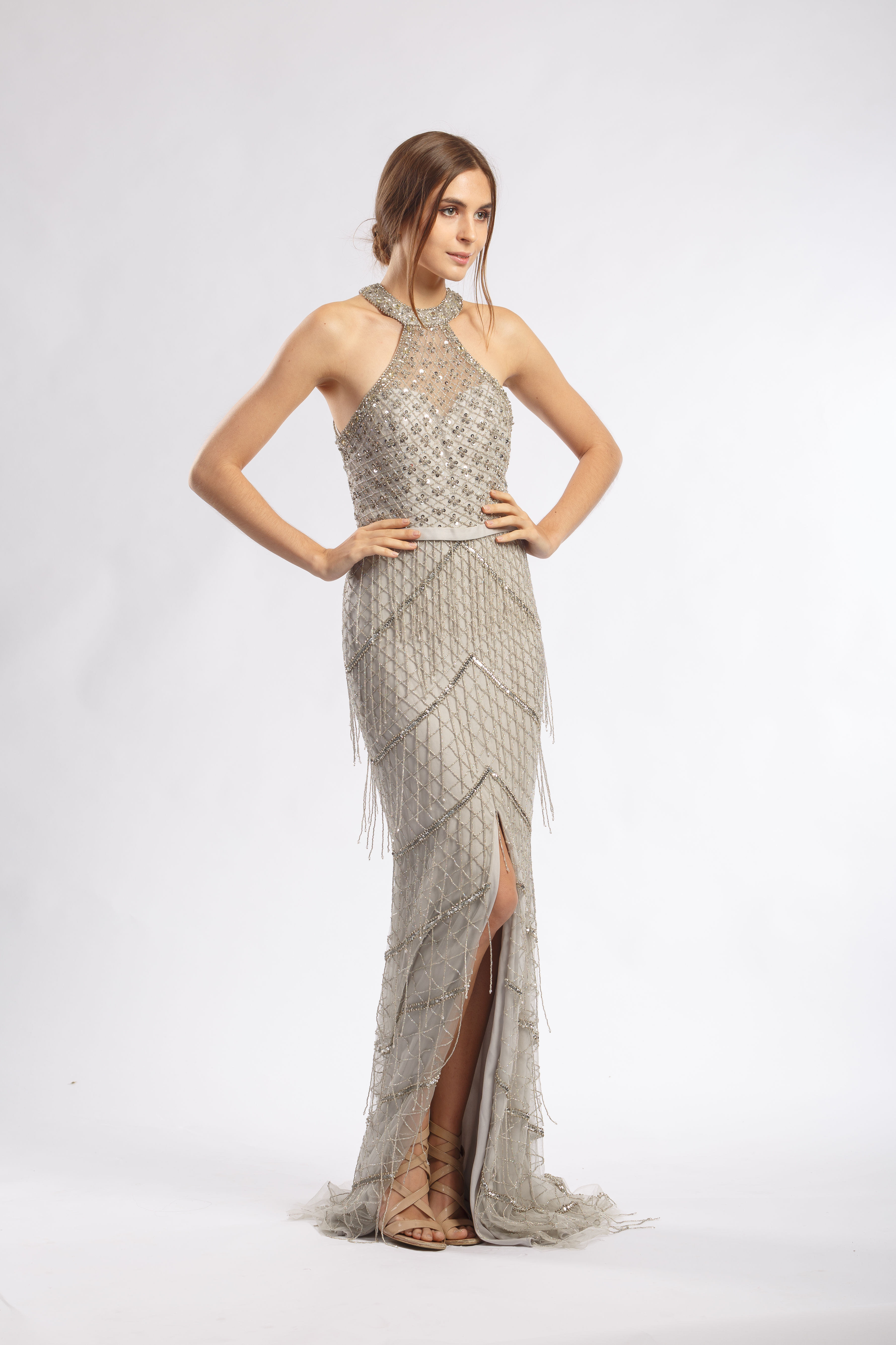 Silver Embellished Fringe Halter Neck Gown