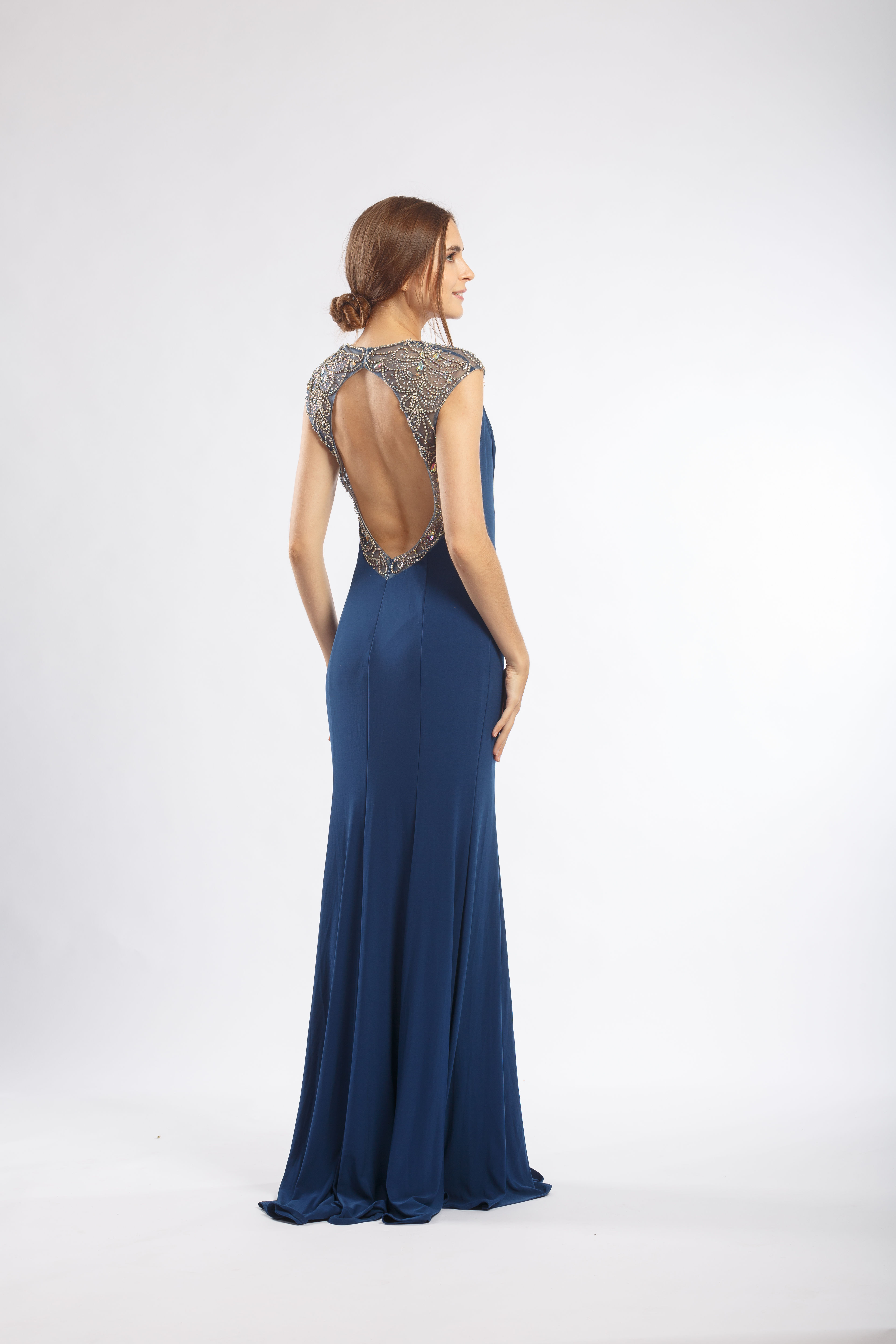 Blue Beaded Cap Sleeves Jersey Evening Dress