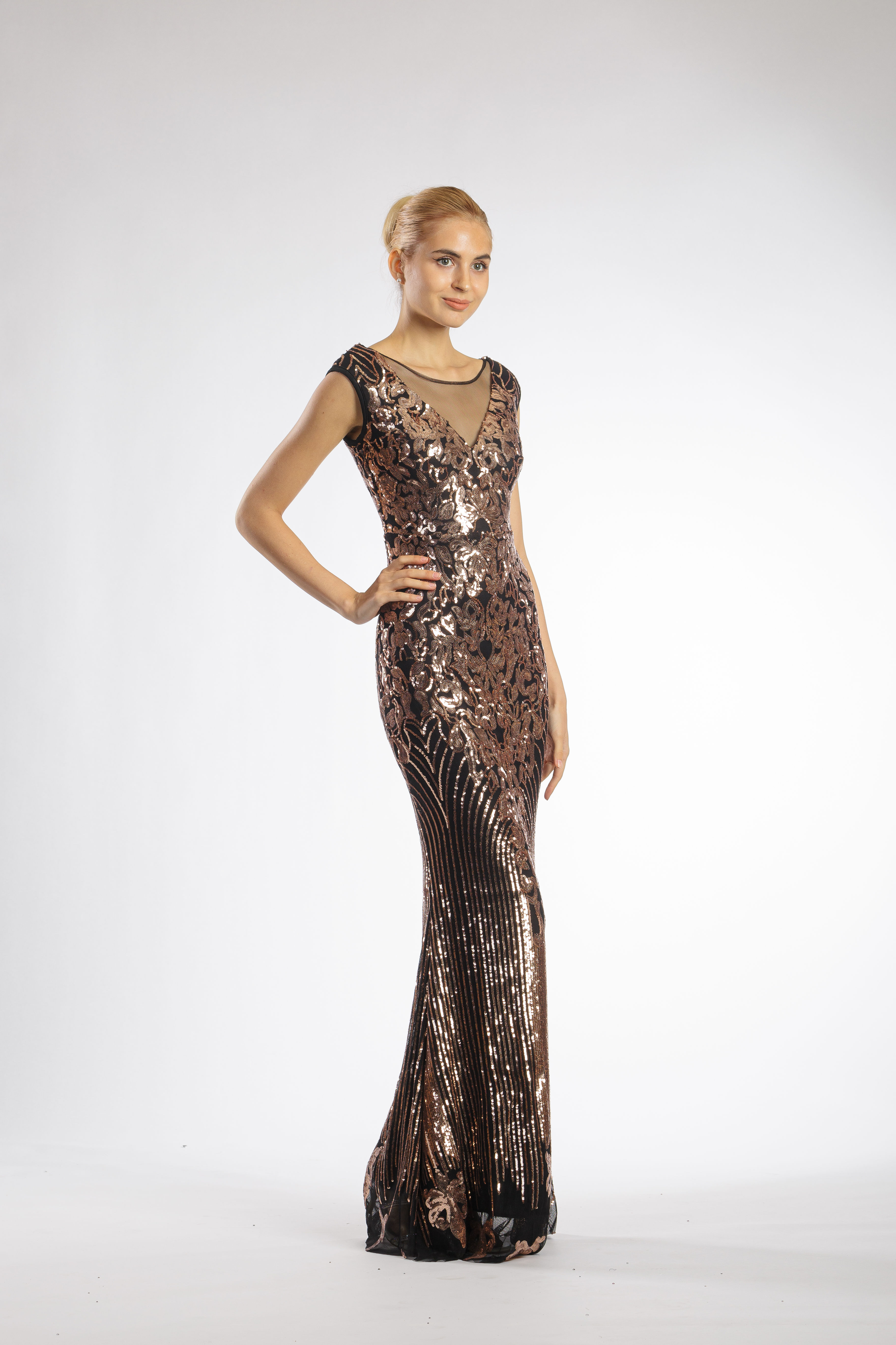 Rose Gold Sequined Cap Sleeves Illusion Fitted Fishtail Gown