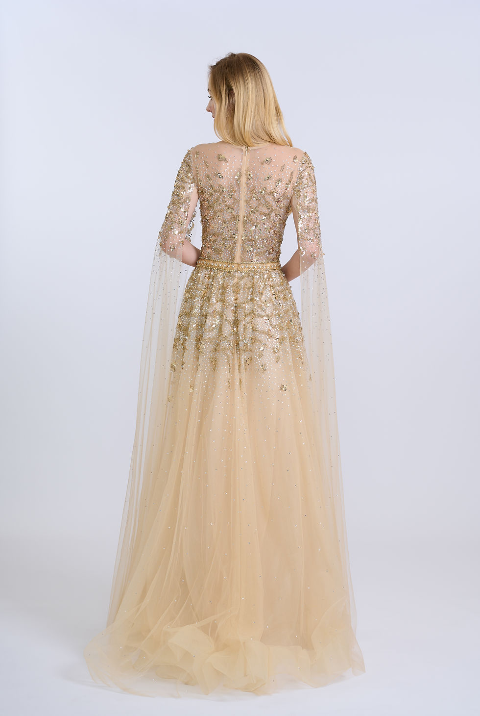 Thumbnail: Gold Sequin Embellished Golden Cape Sleeves Evening Gown