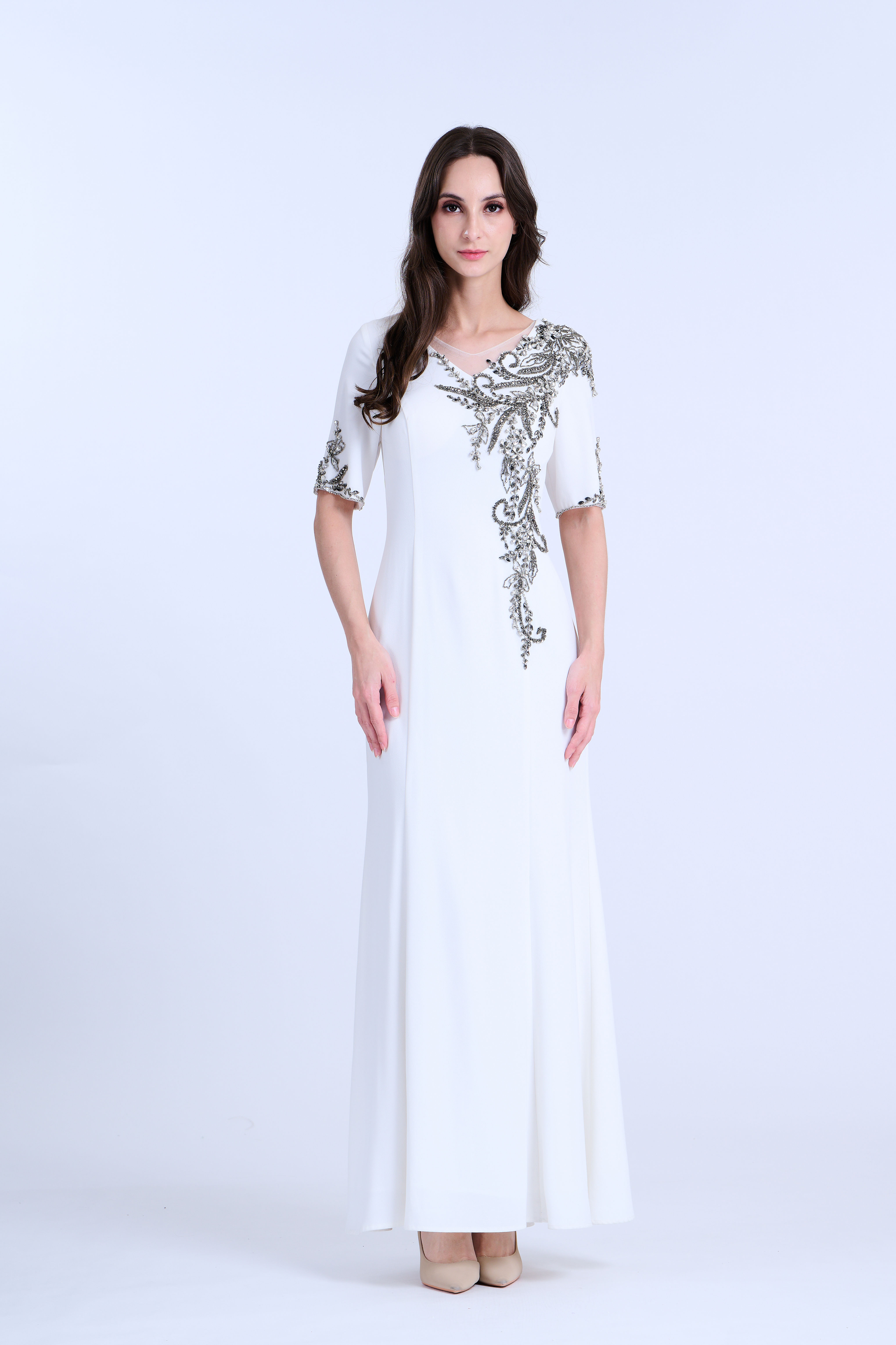 White Embellished Short Sleeves Gown