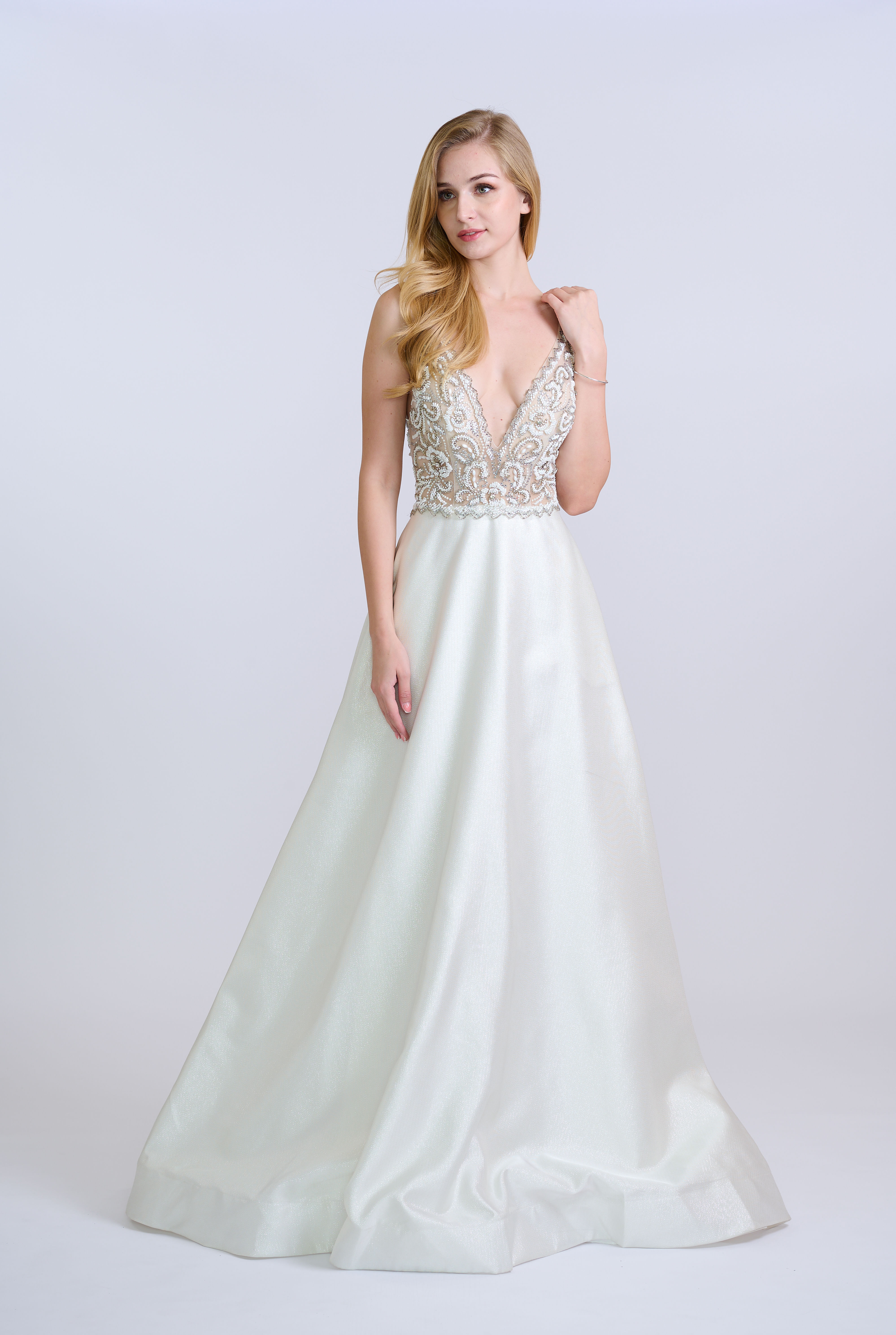 Low V Neck Sleeveless Beaded A-Line Gown