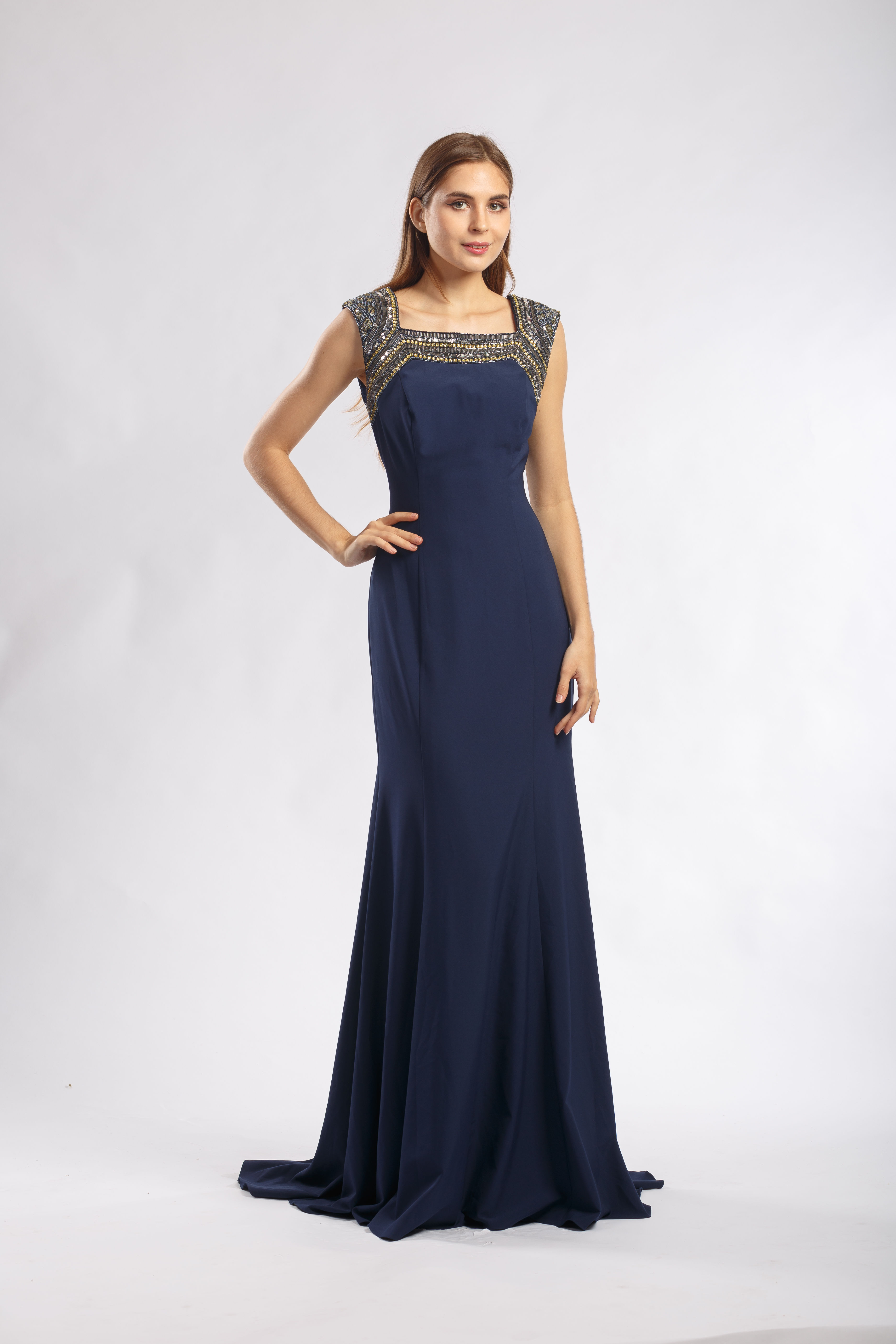 Blue Sleeveless Beaded Jersey Gown