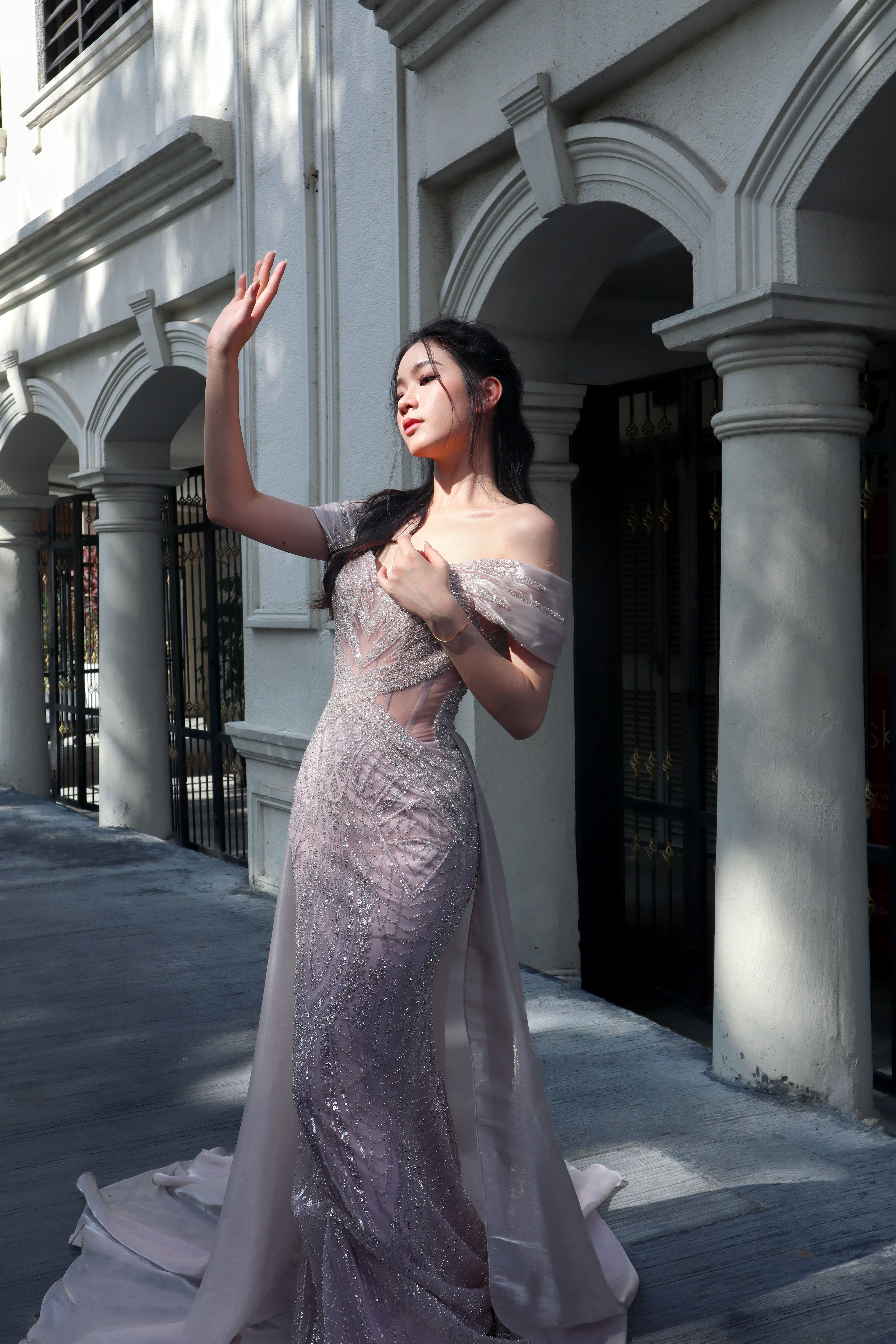 Blush Sweetheart Illusion Off Shoulder Overskirt Gown