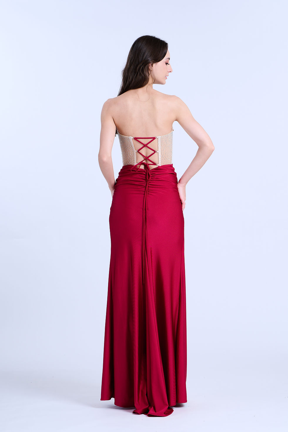 Thumbnail: Red Strapless Crystal Top Illusion Slit Gown