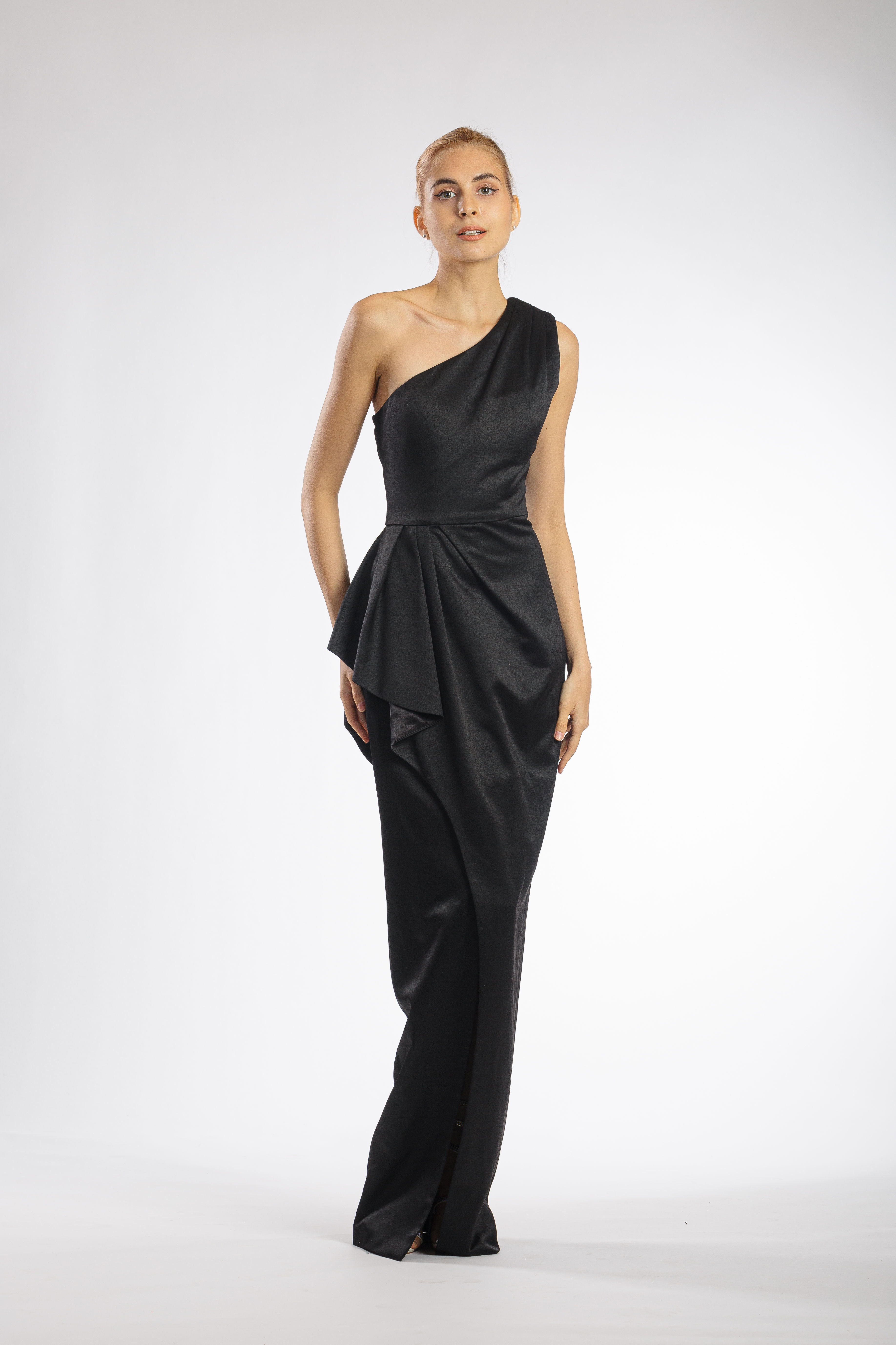 Black One Shoulder Ruched Waist Gown