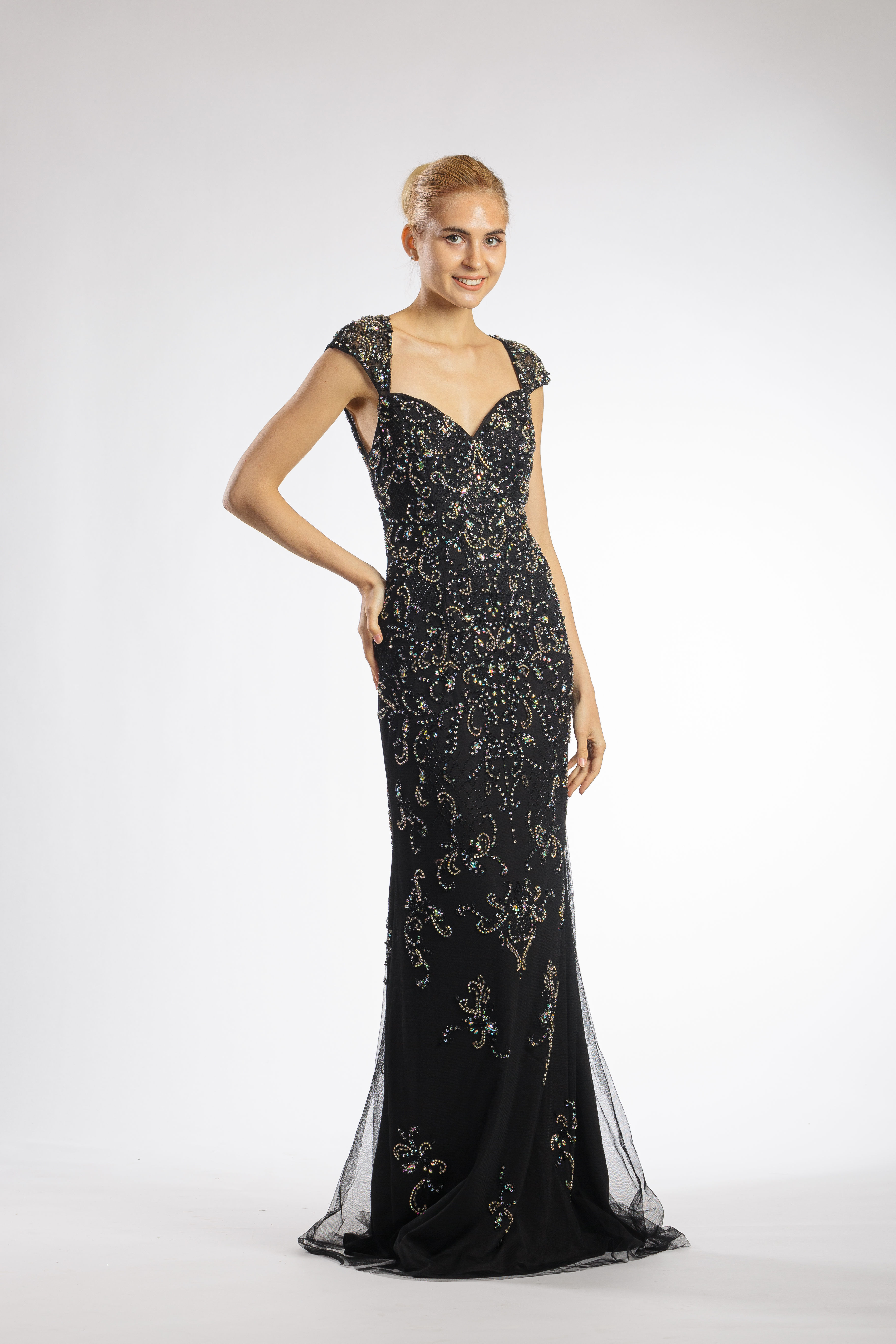 Black Embellished Queen Anne Open Back Gown