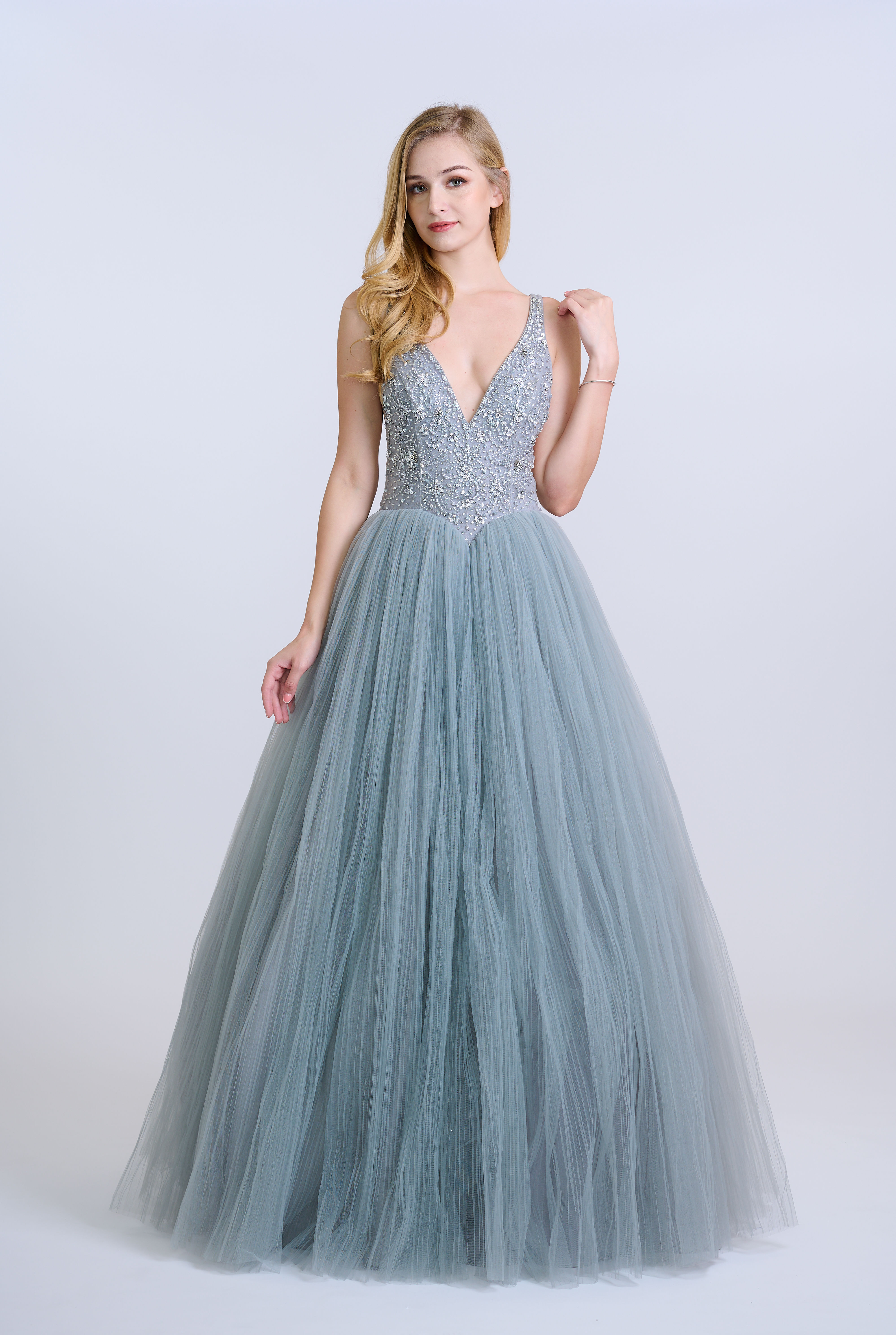 Grey Embellished V Neck Princess Gown