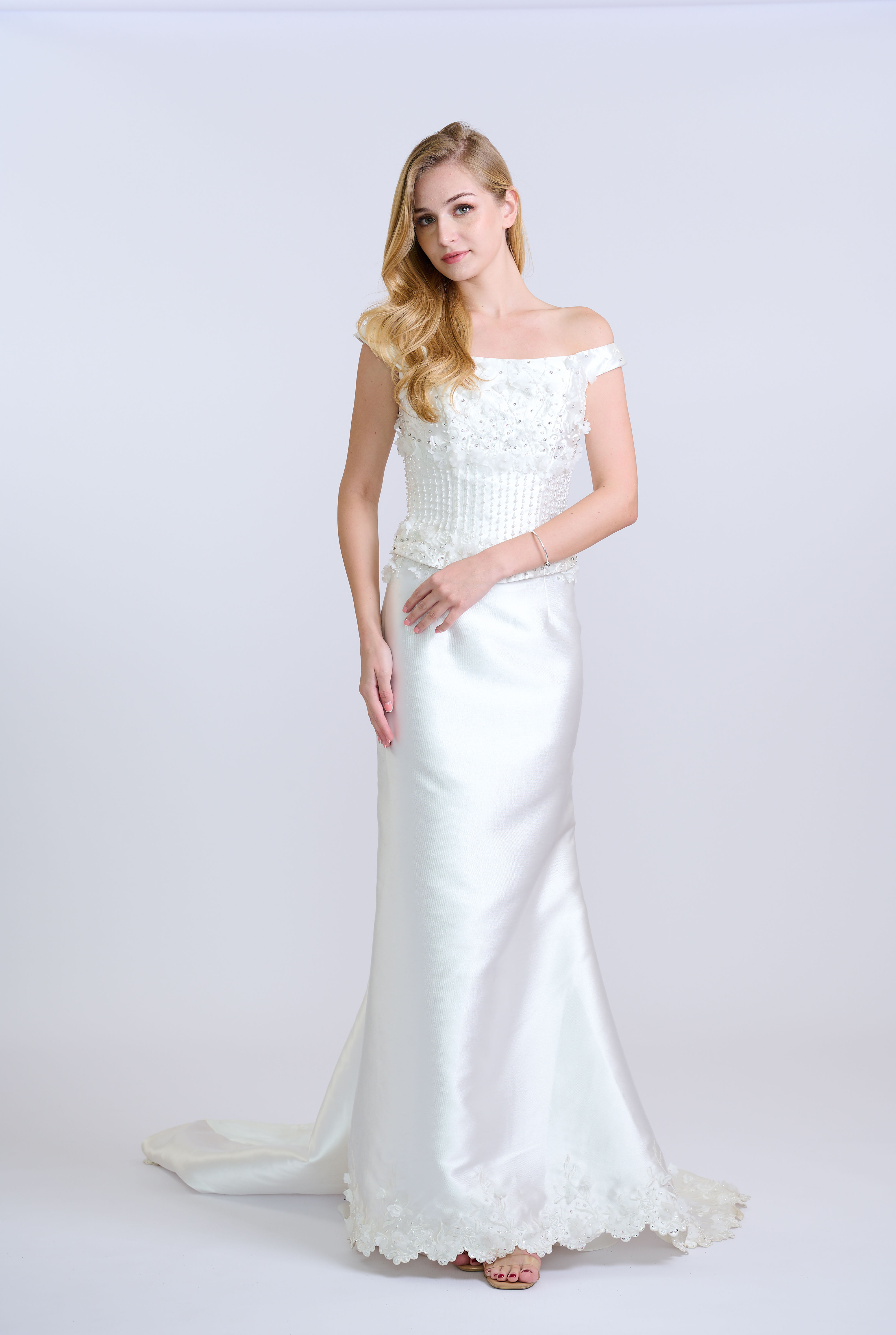 Embroidered Off Shoulder Corset Gown