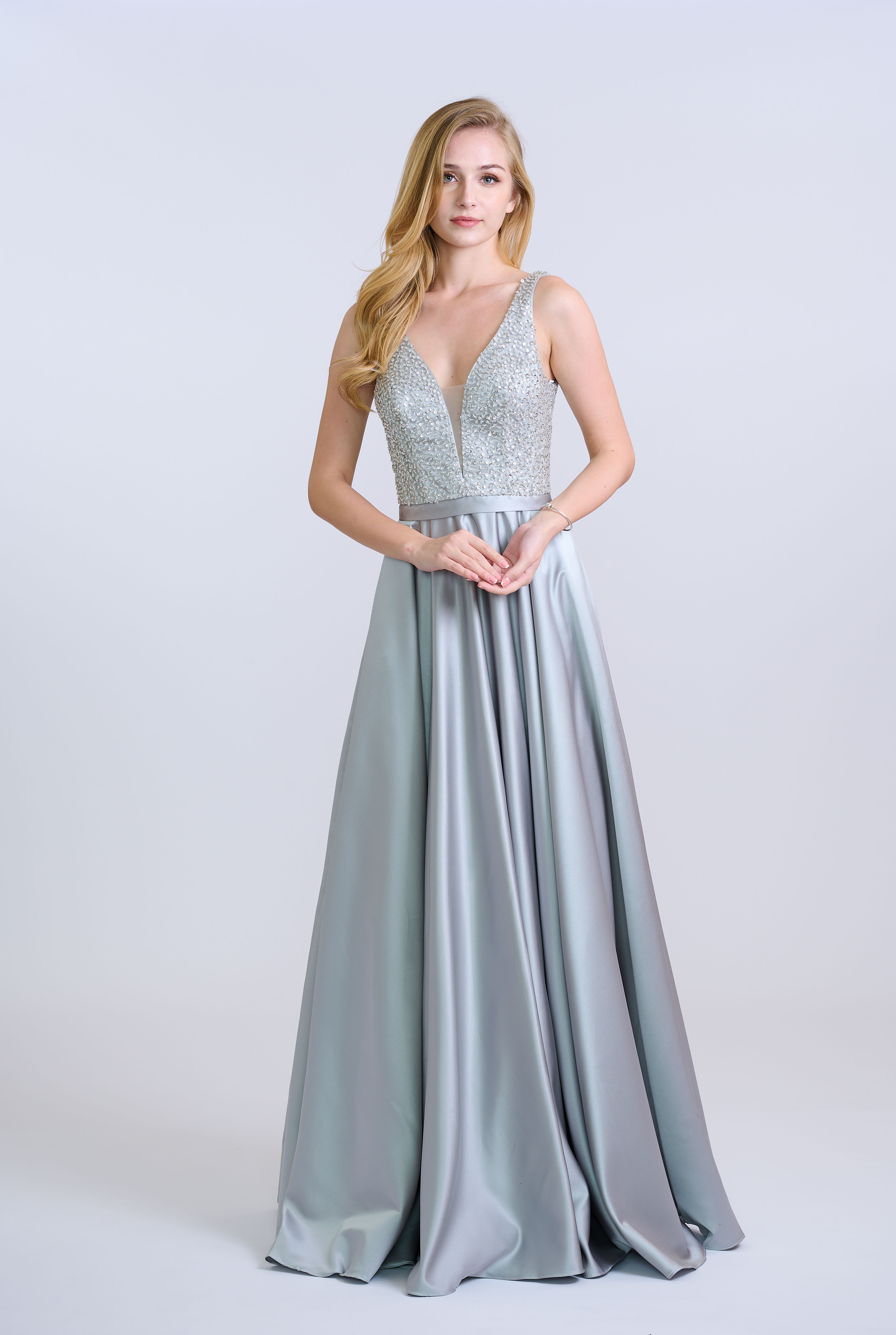 Grey Sequined V Neck A-Line Gown