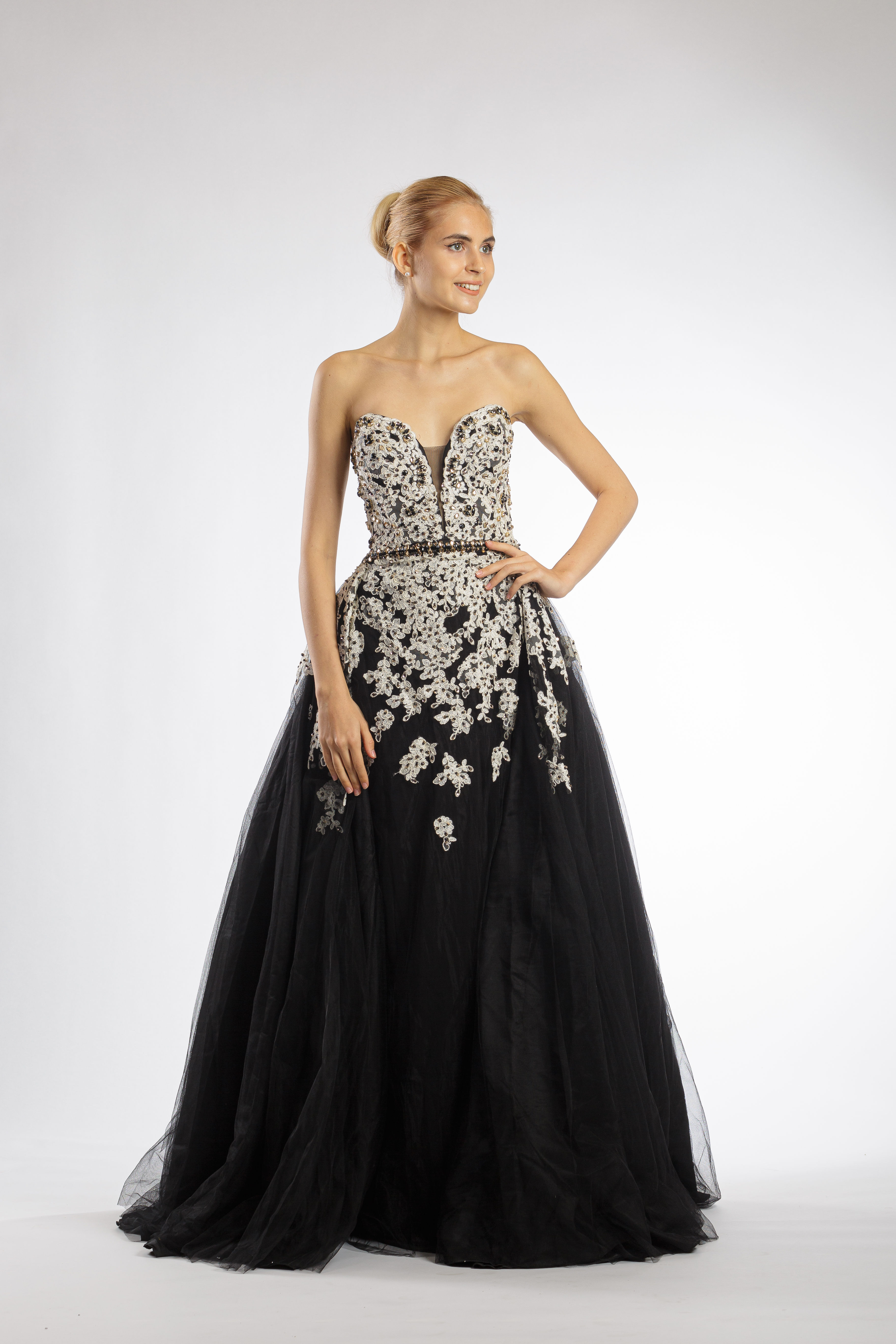 Black Embroidered Strapless Belted Tulle Ball Gown