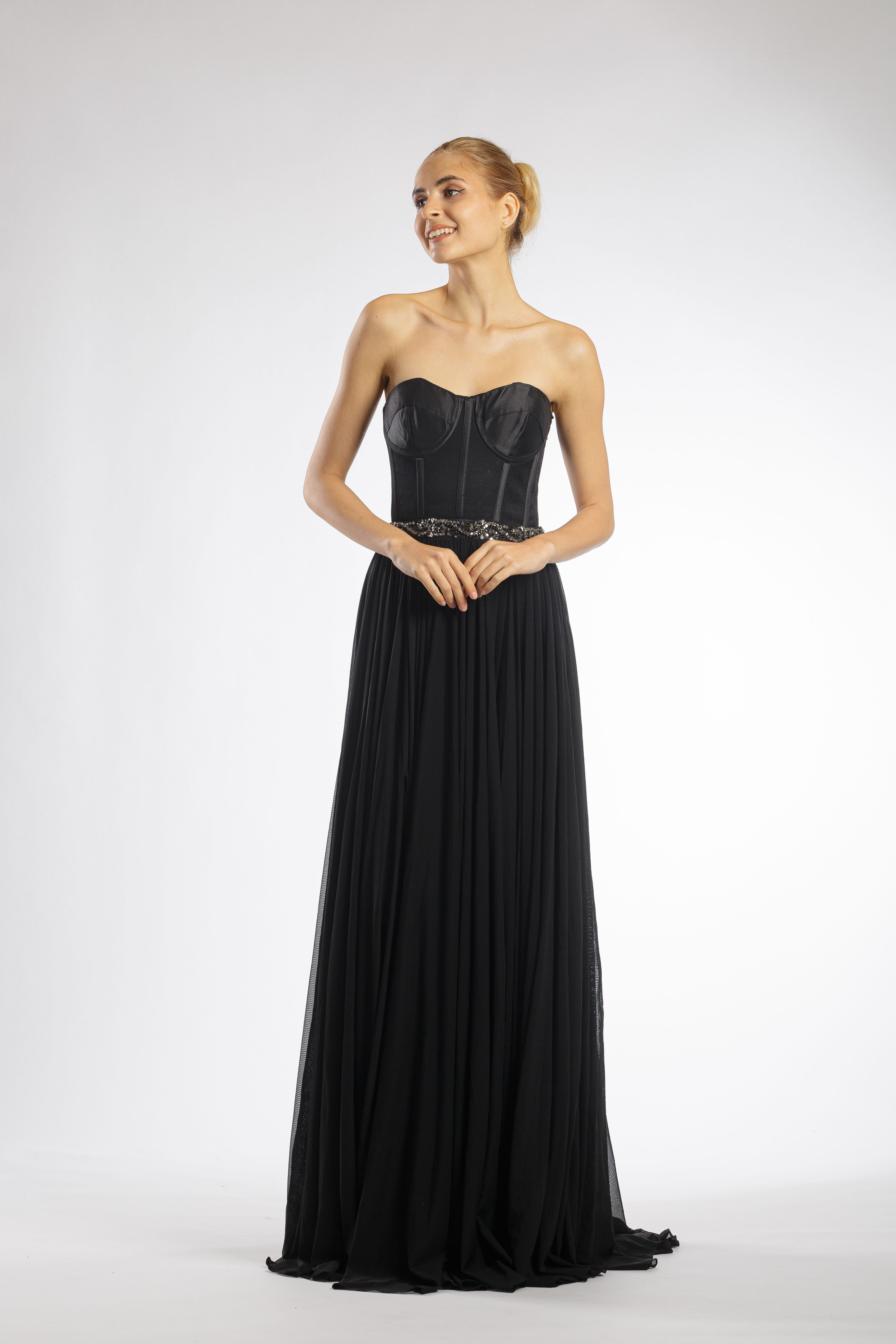 Black Strapless Bustier Belted Chiffon Gown