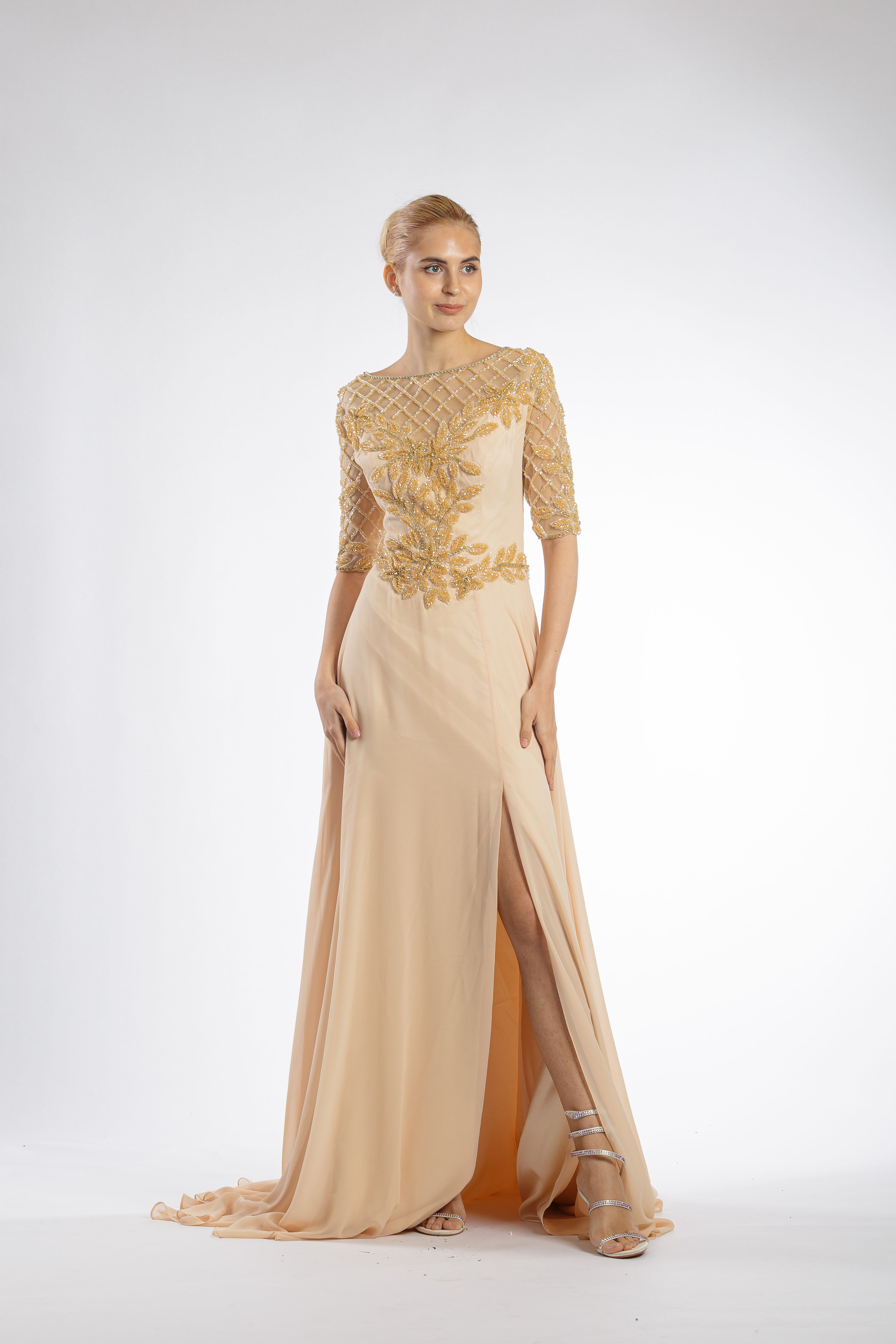 Gold Illusion Gold Leaf Embellished Quarter Sleeves Gown