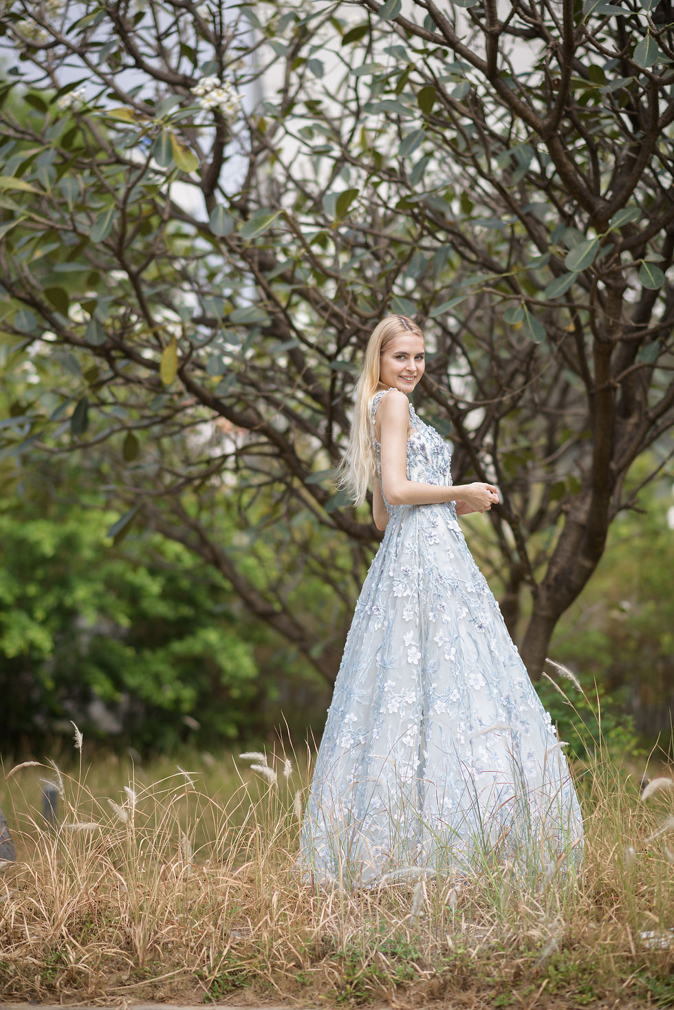 Thumbnail: Blue Floral Appliqué Sleeveless V Neck Gown