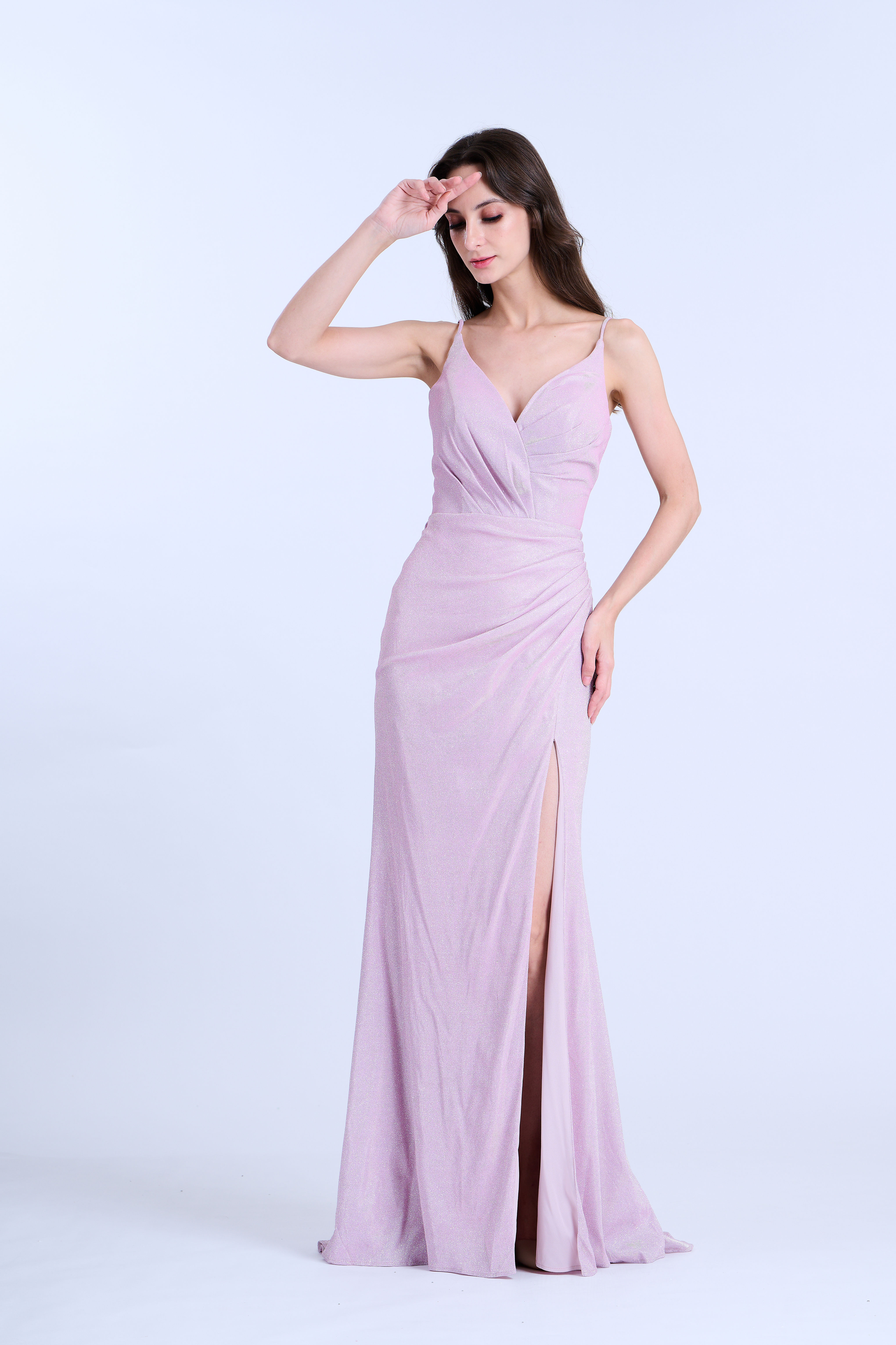 Pink Shimmering Pleated V Neck Side Ruched Gown