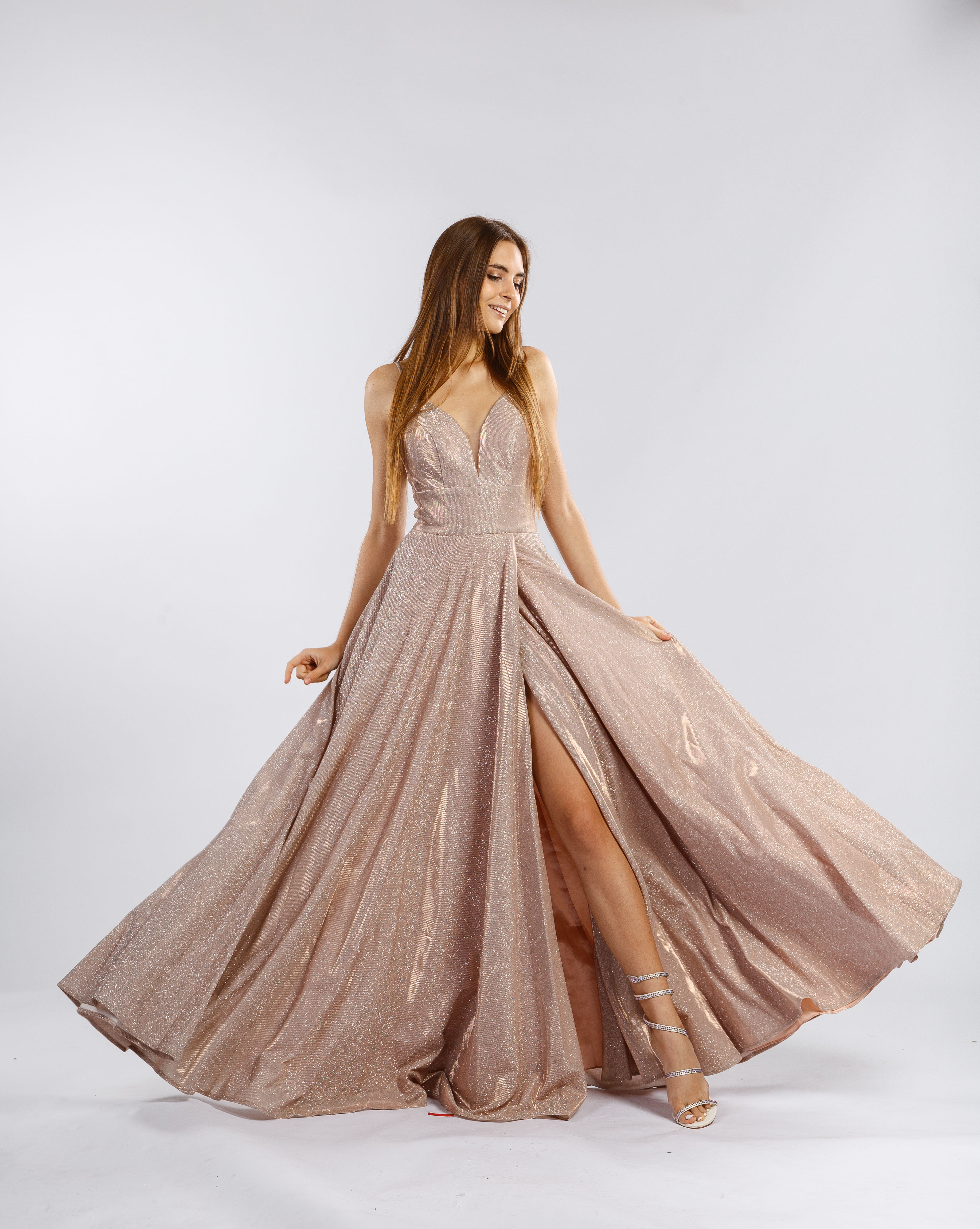 Glitter V Neck Empire Waist Ball Gown With Slit