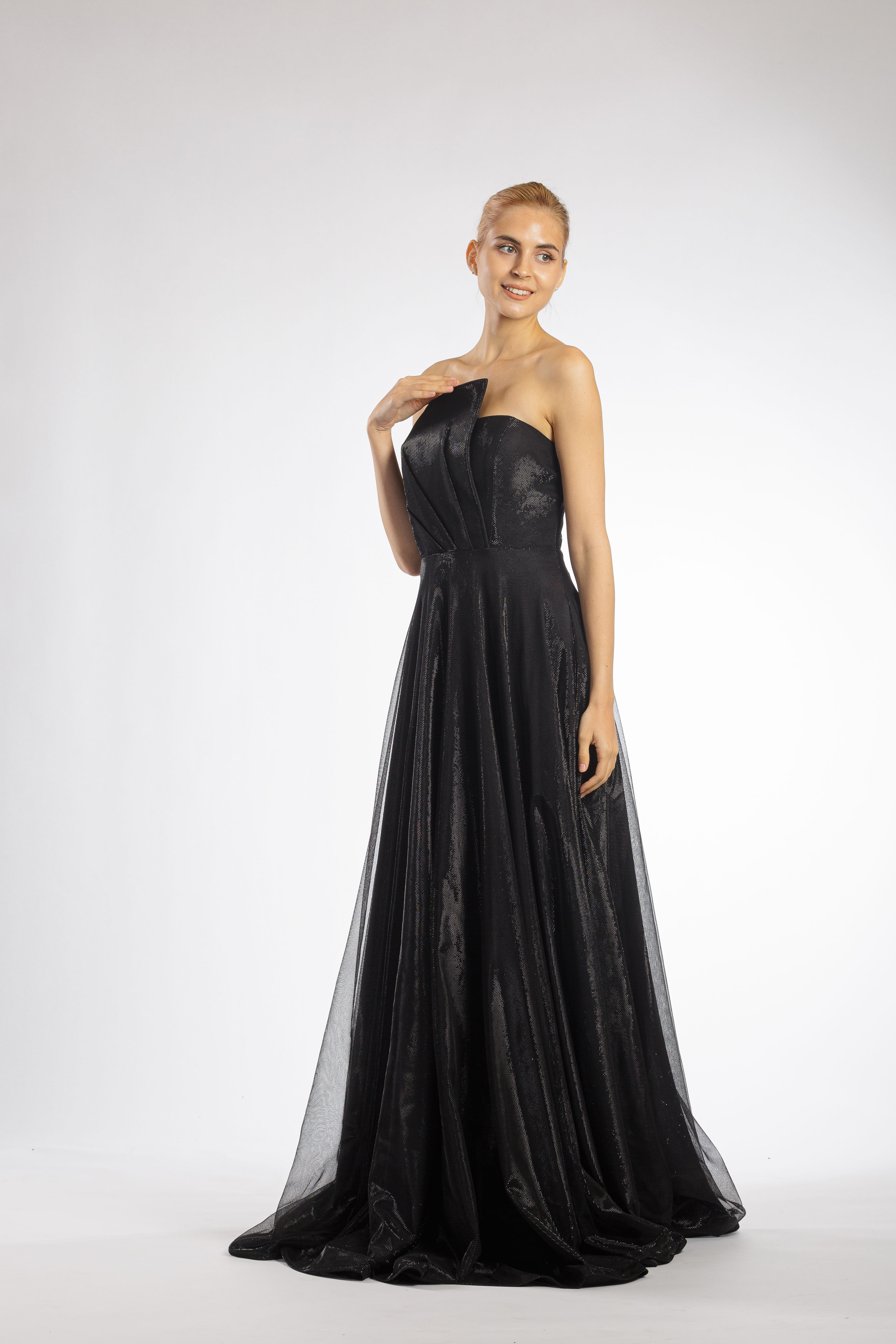 Black Shimmer Asymmetrical Strapless A-Line Gown