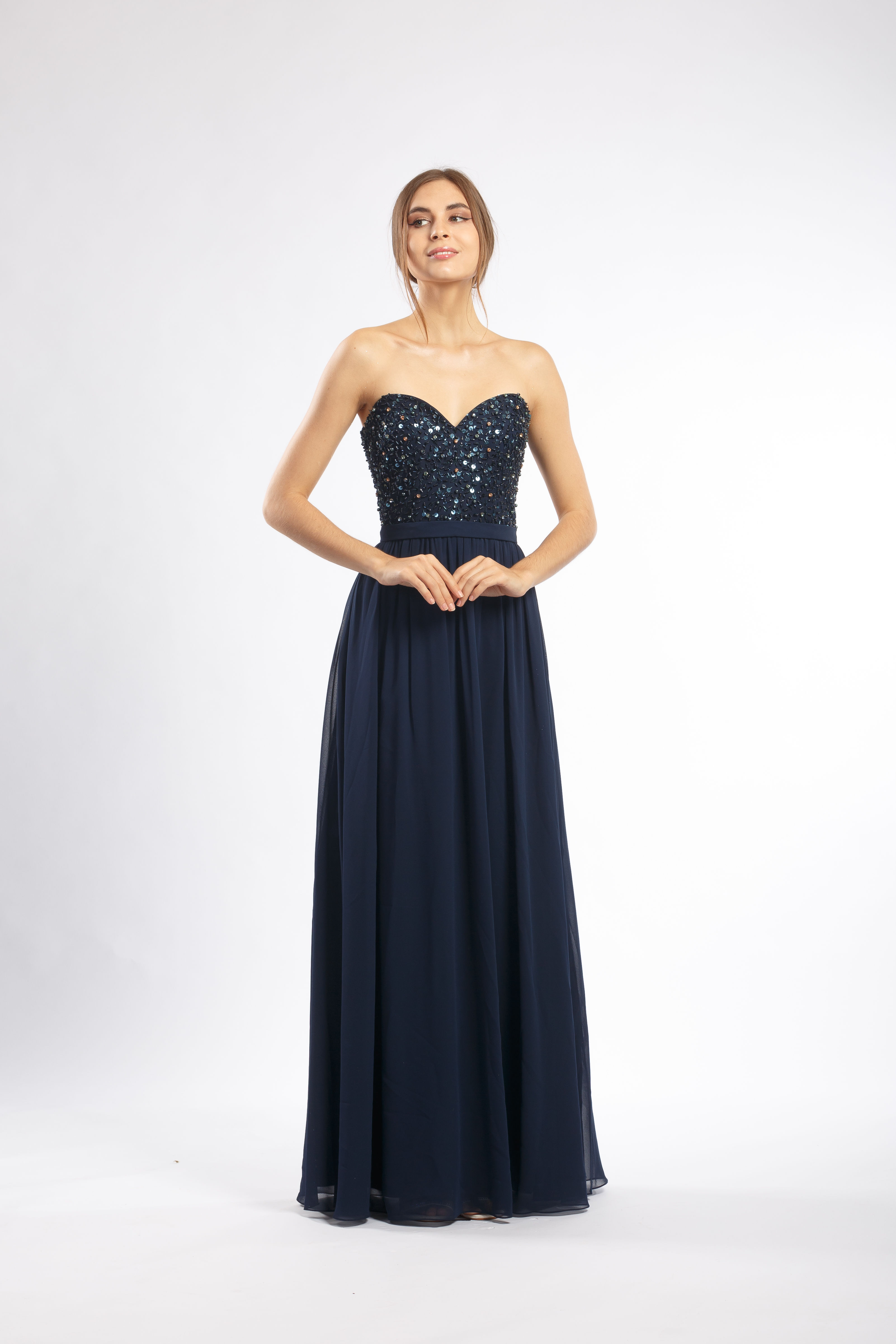 Dark Blue Iridescent Embellished Sweetheart Column Gown